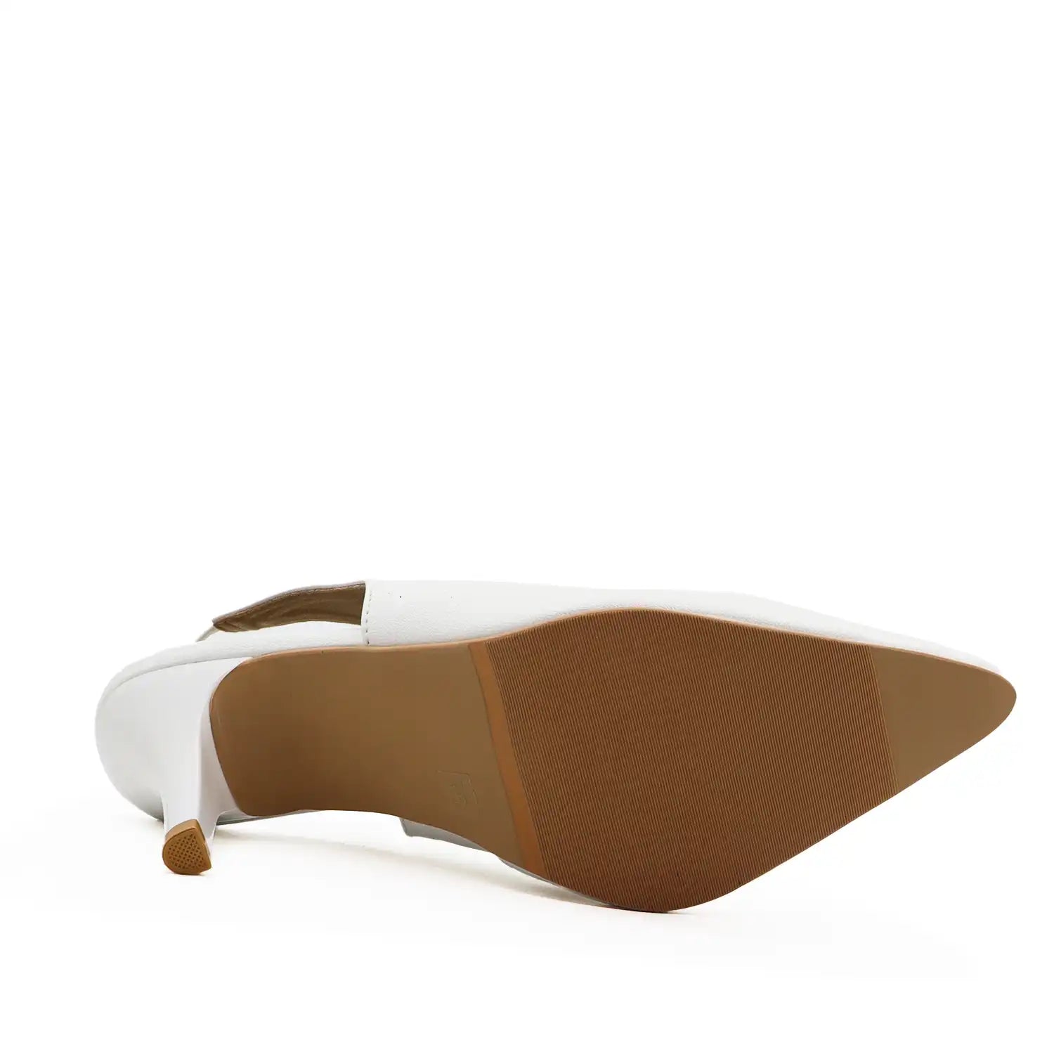 White pointed-toe slingback heel for women shown from the sole view, featuring a brown textured outsole and heel cap