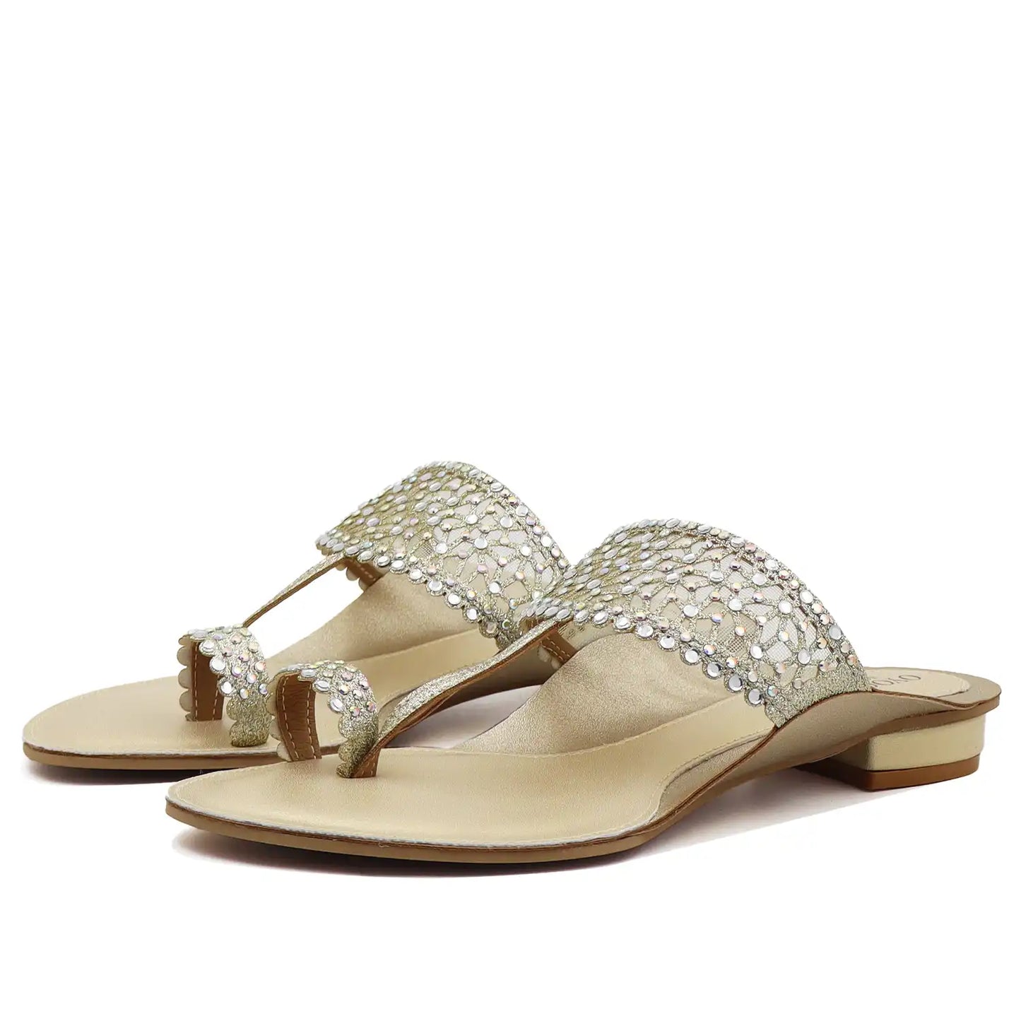 Gold embellished kolhapuri flats pair view