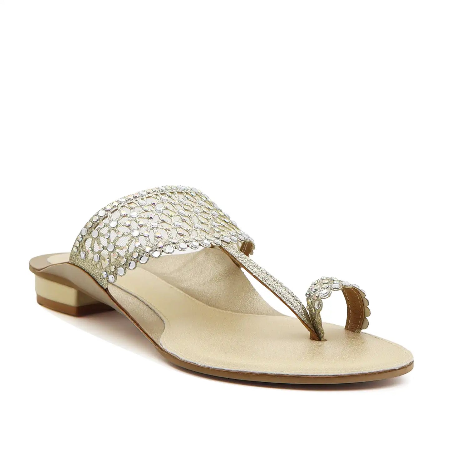 Gold embellished kolhapuri flats angled side view