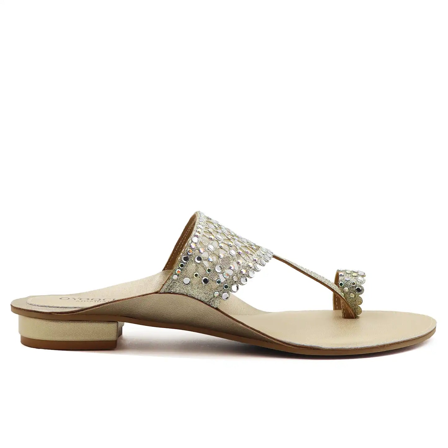Gold embellished kolhapuri flats side profile view