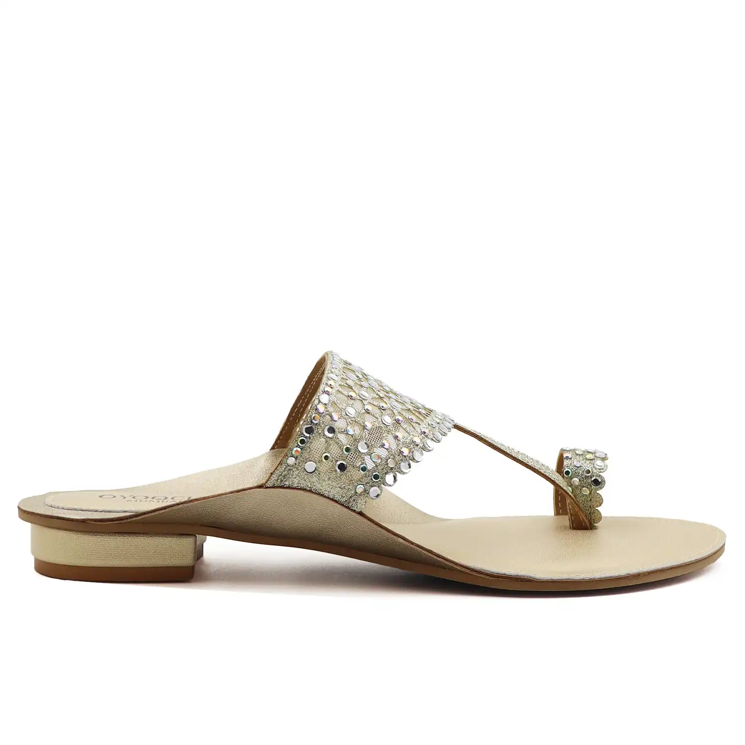 Gold embellished kolhapuri flats side profile view