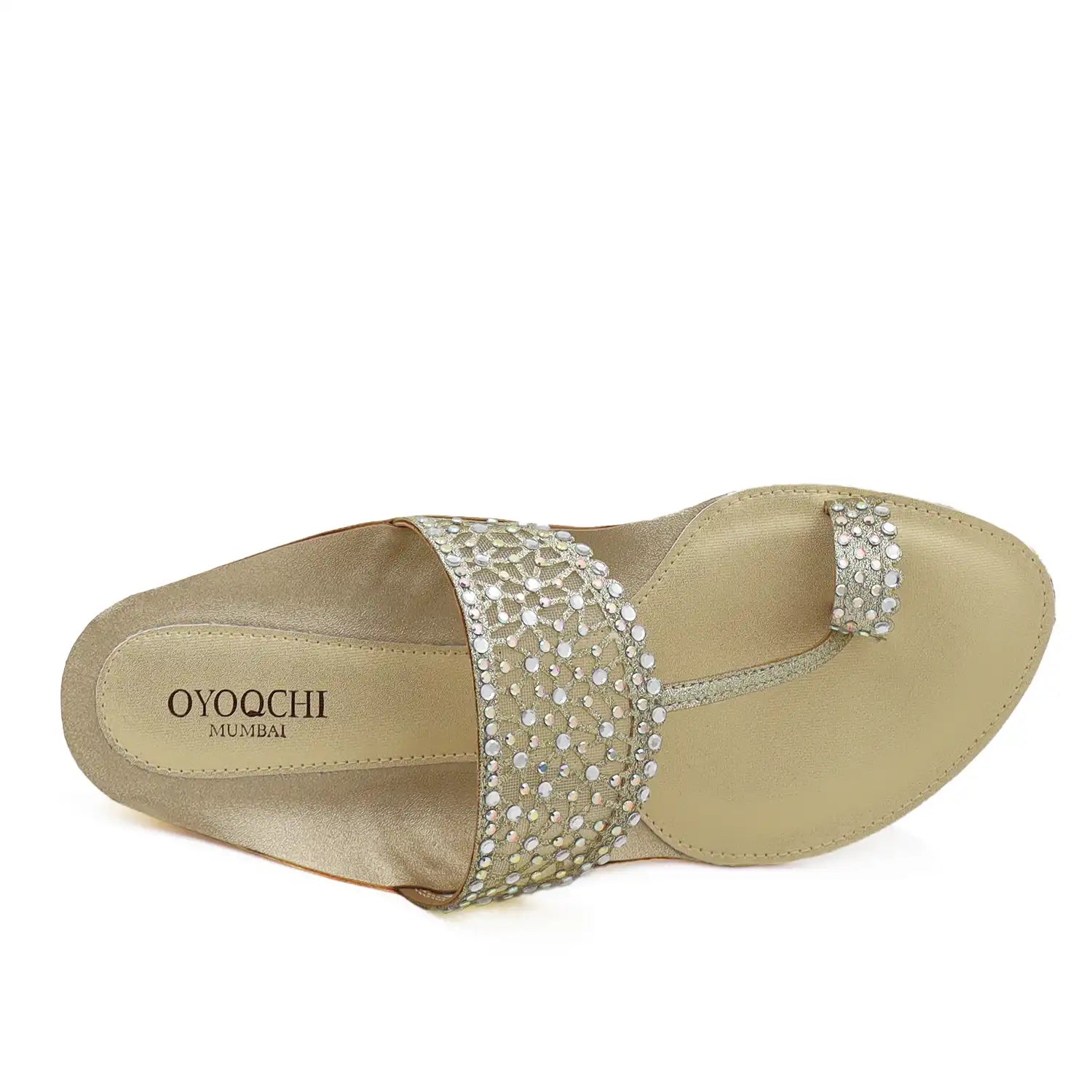 Gold embellished kolhapuri flats top view