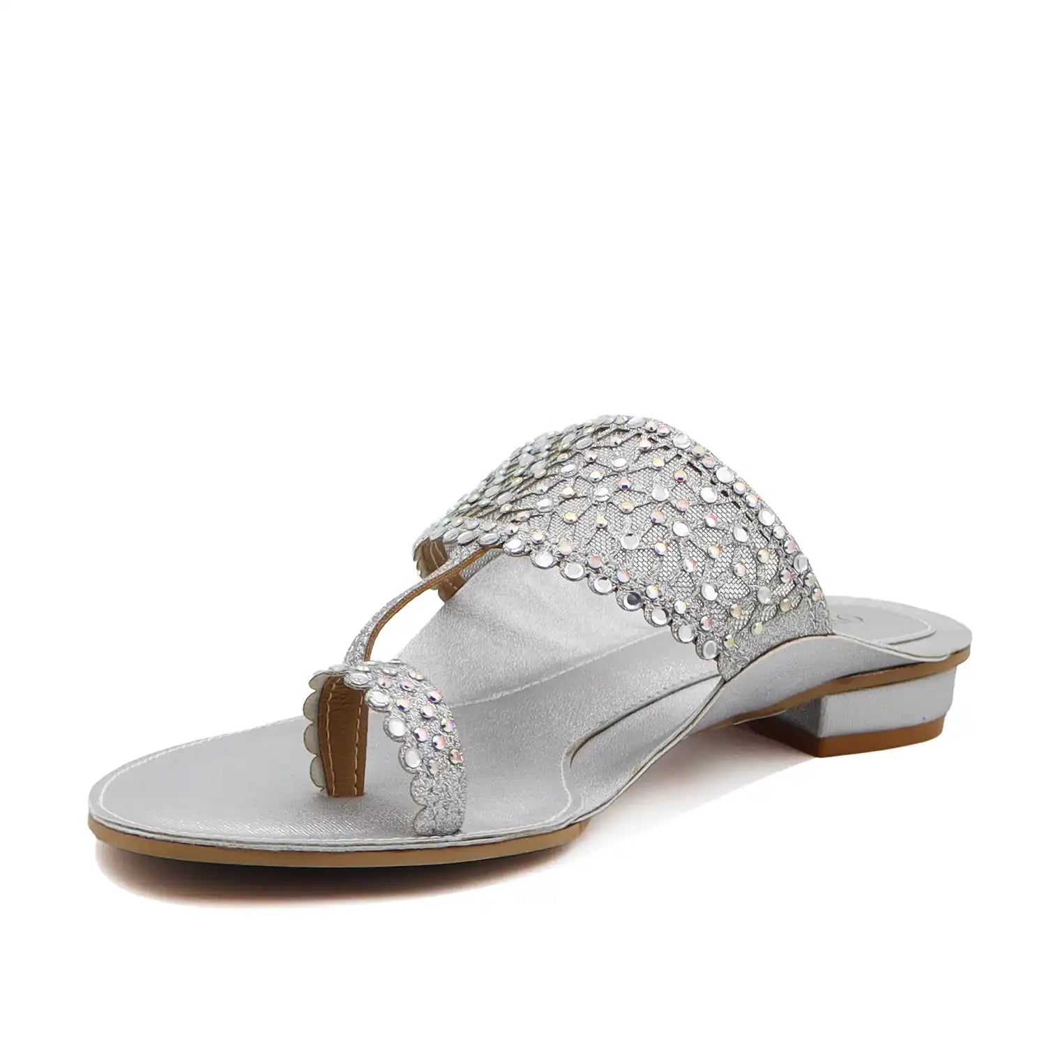 Silver embellished kolhapuri flats angled side view
