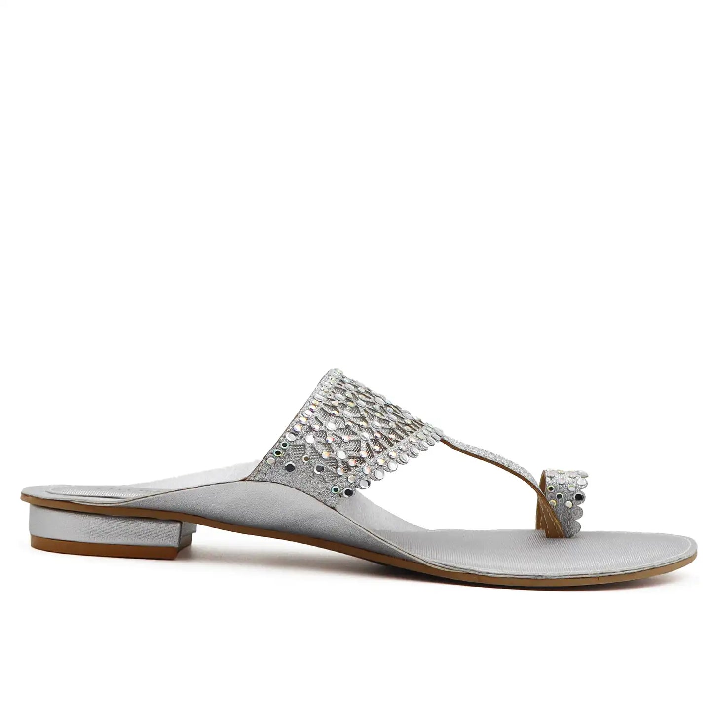 Silver embellished kolhapuri flats side profile view