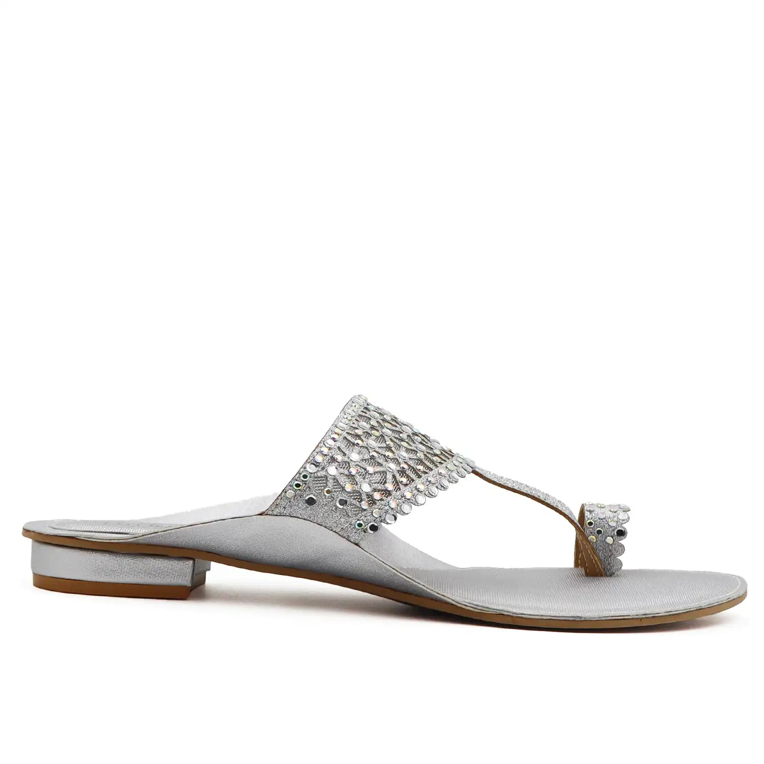 Silver embellished kolhapuri flats side profile view