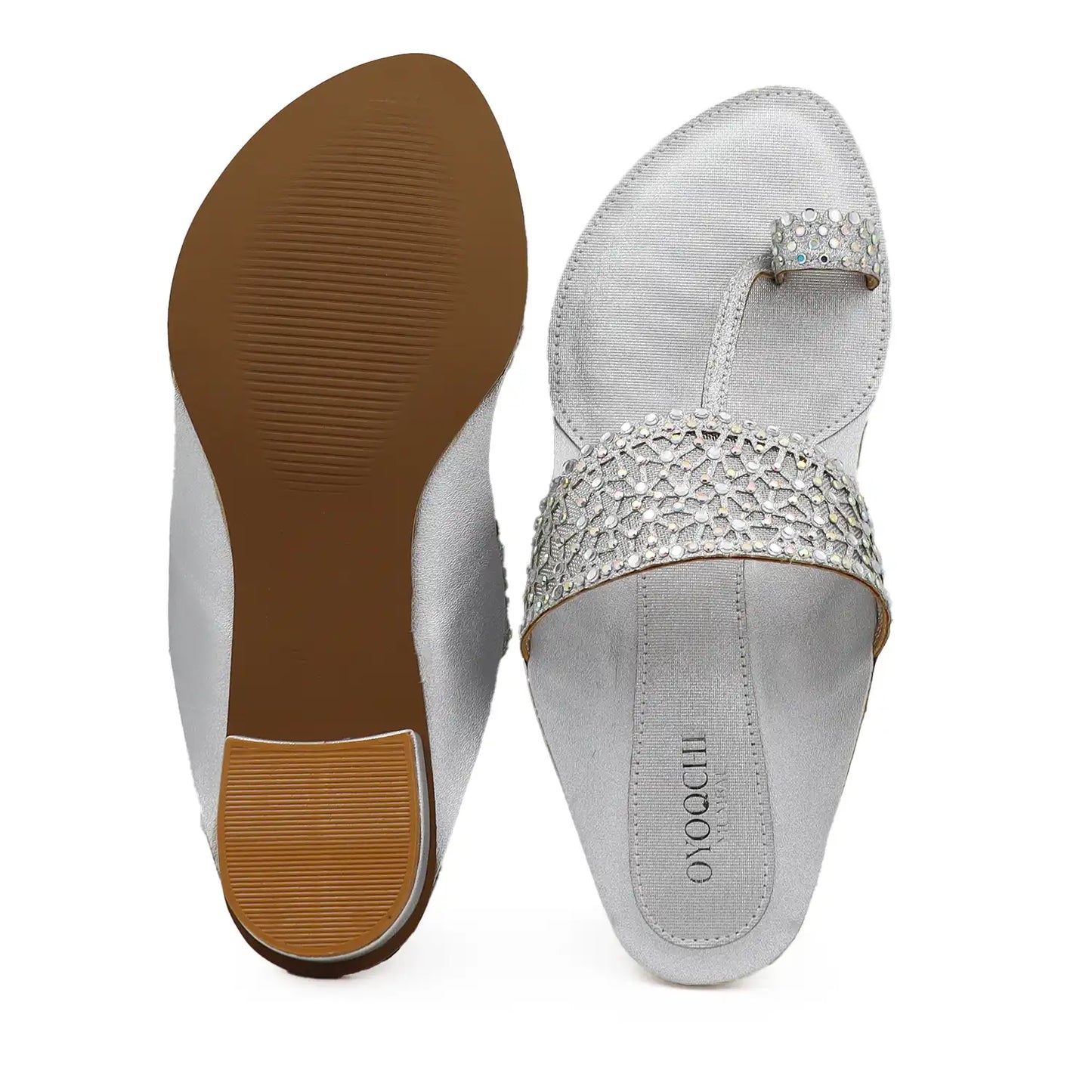 Silver embellished kolhapuri flats top and sole view