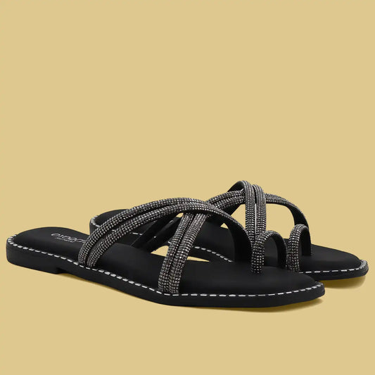 black strappy flat sandals for women comfort wear angled view