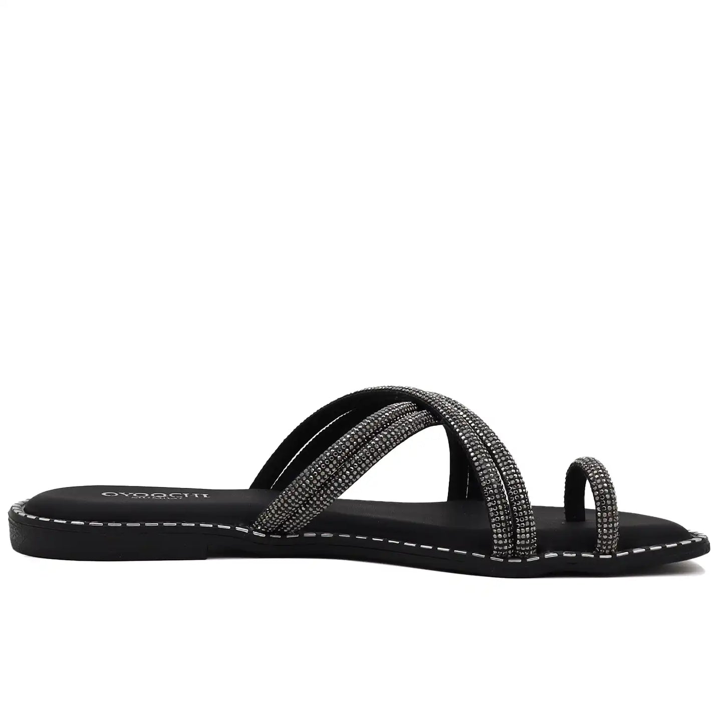 black strappy flat sandals for women comfort wear side view