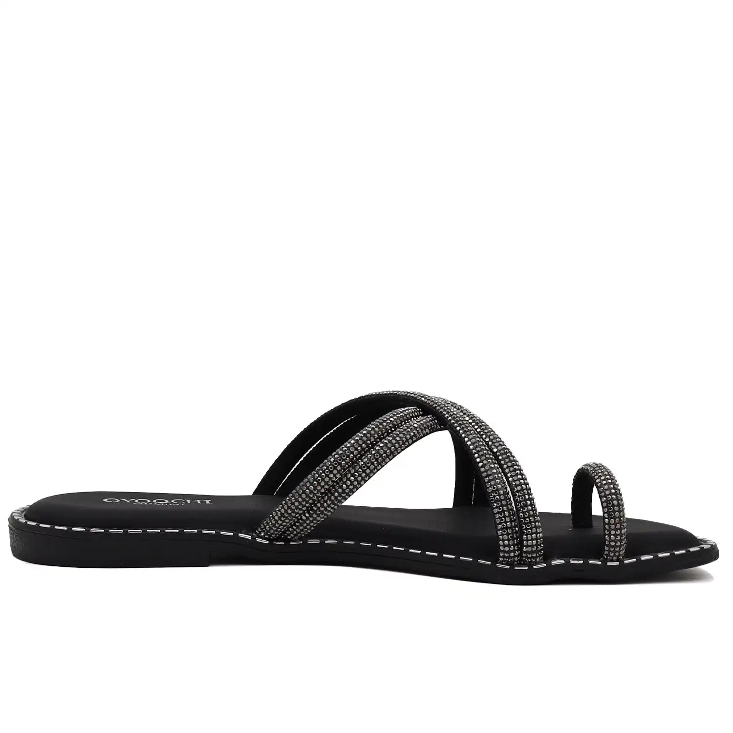 black strappy flat sandals for women comfort wear side view