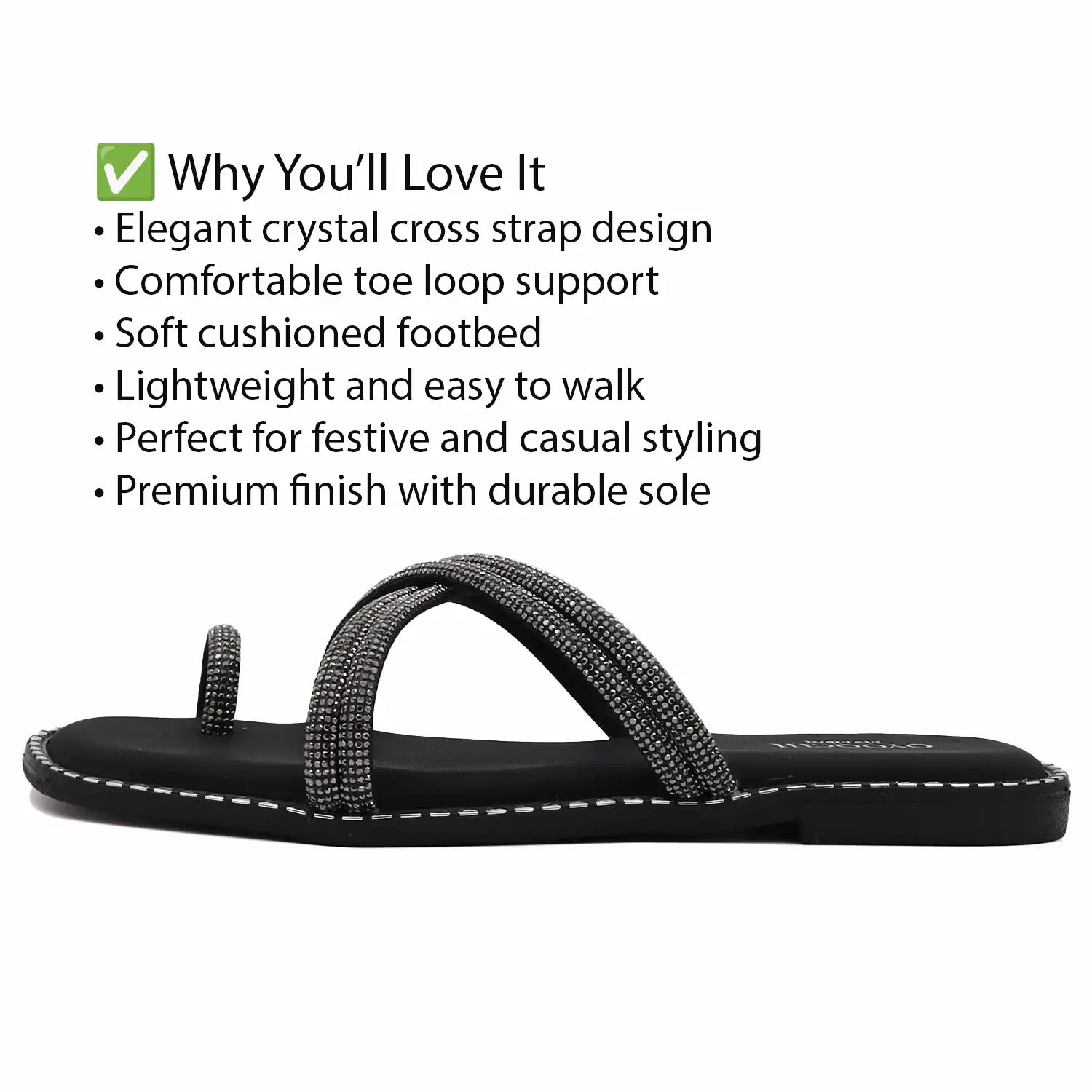detail view of black strappy flat sandals for women comfort wear
