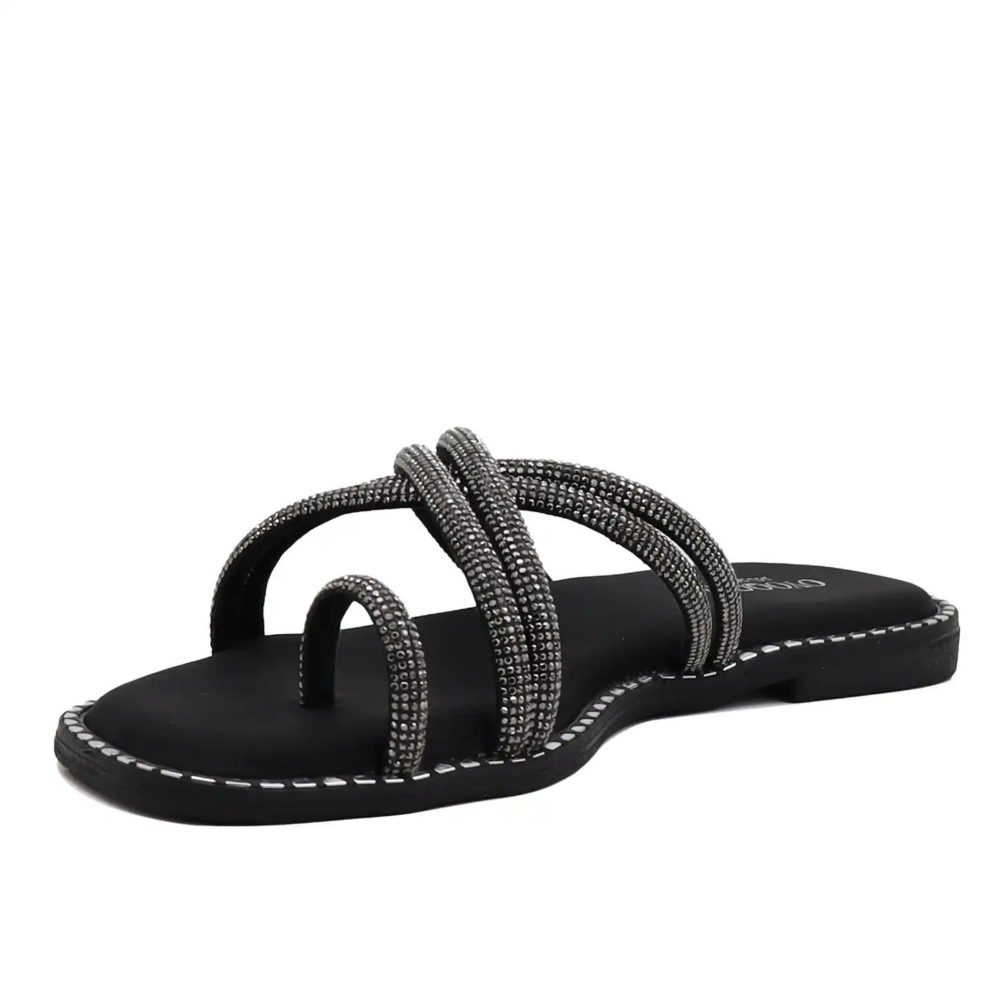 black strappy flat sandals for women comfort wear angled side view