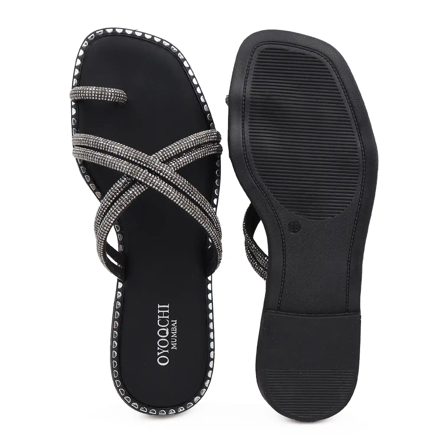 Top and sole view of black strappy flat sandals for women