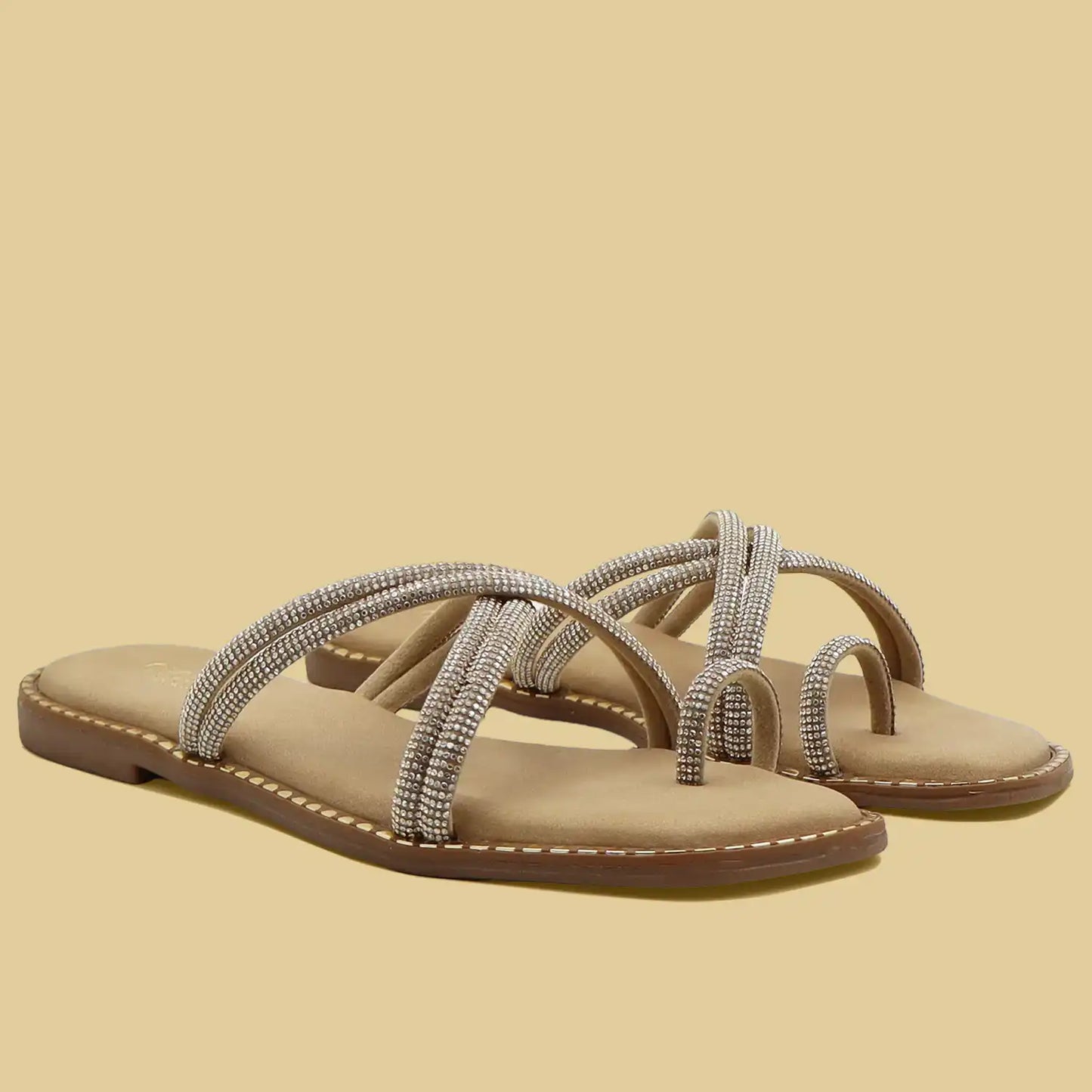 gold strappy flat sandals for women comfort wear angled view