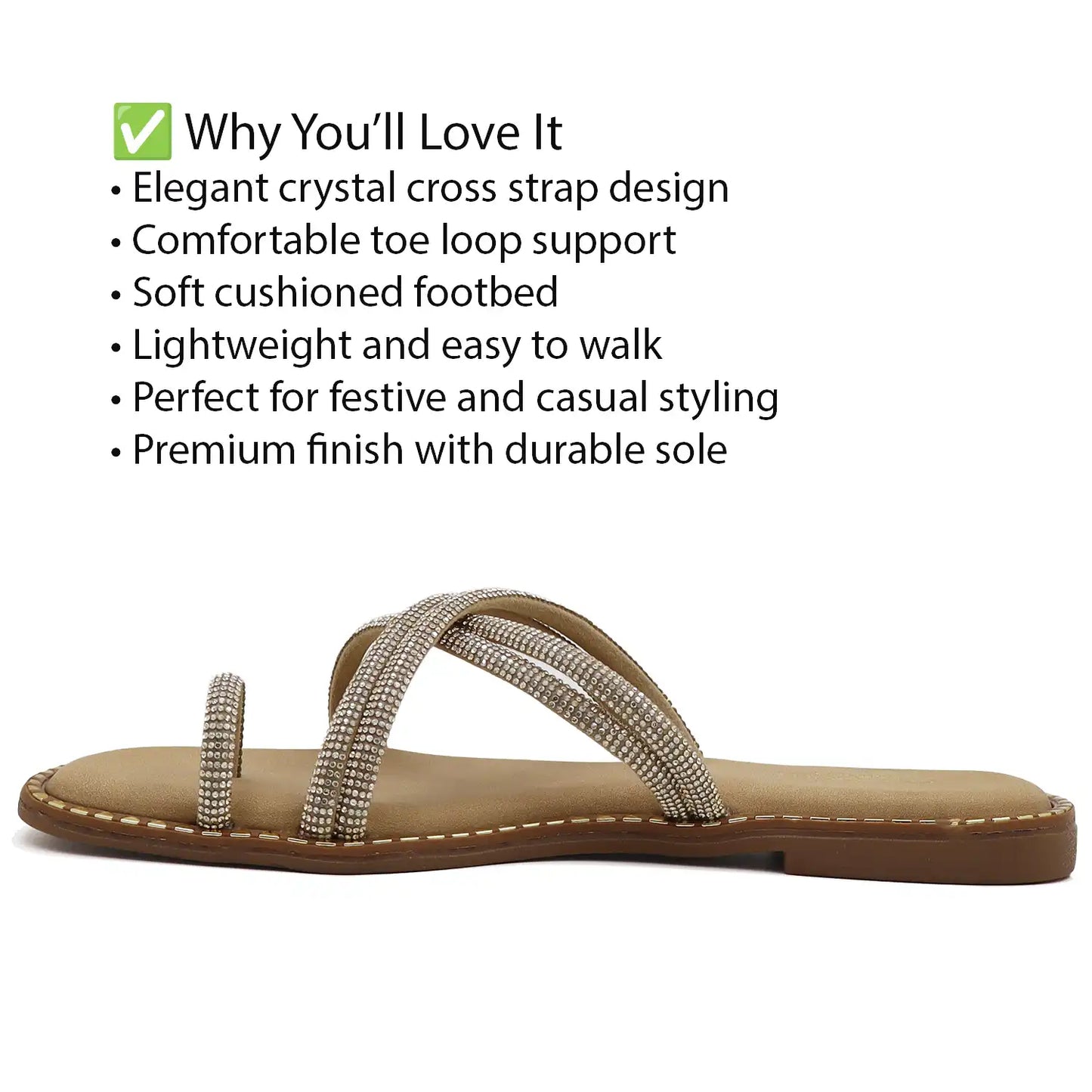 detail view of gold strappy flat sandals for women comfort wear