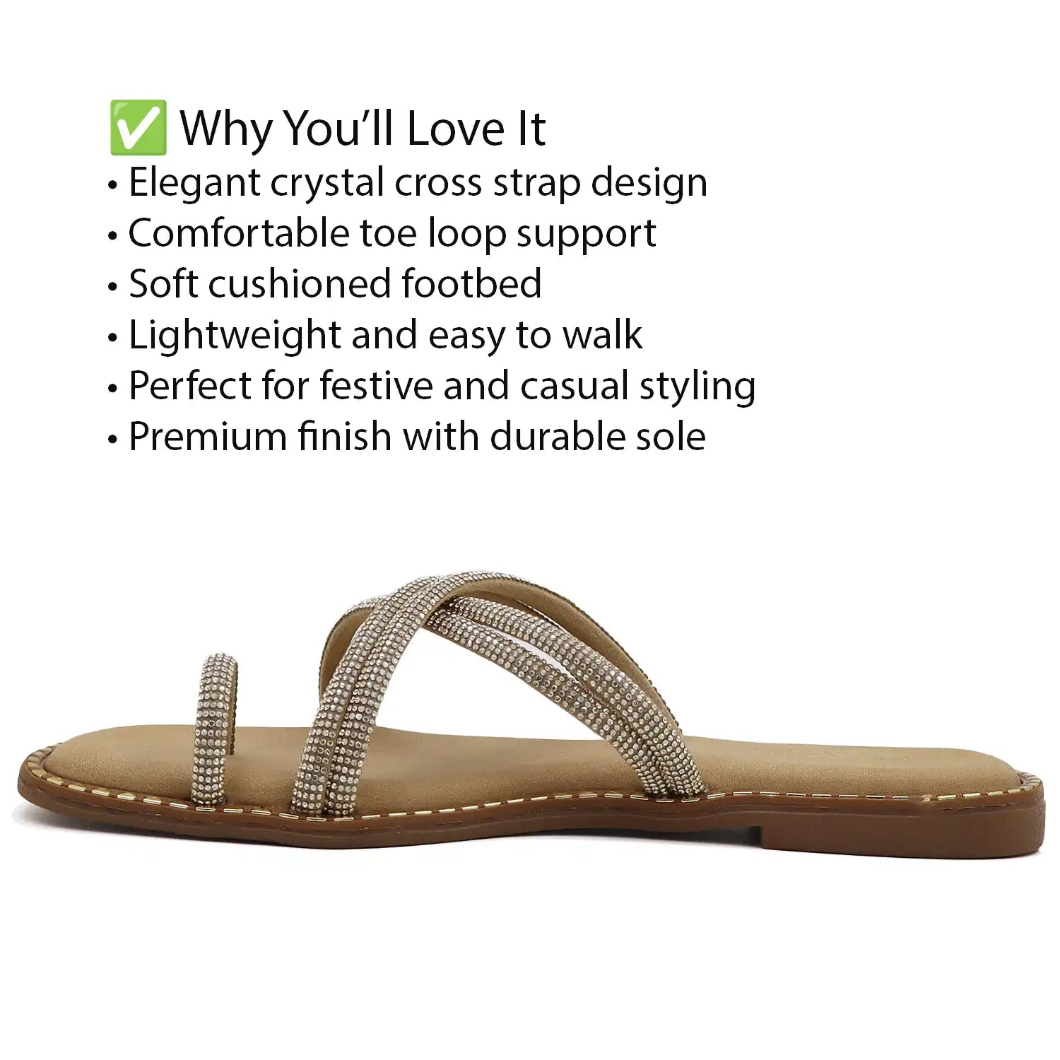 detail view of gold strappy flat sandals for women comfort wear