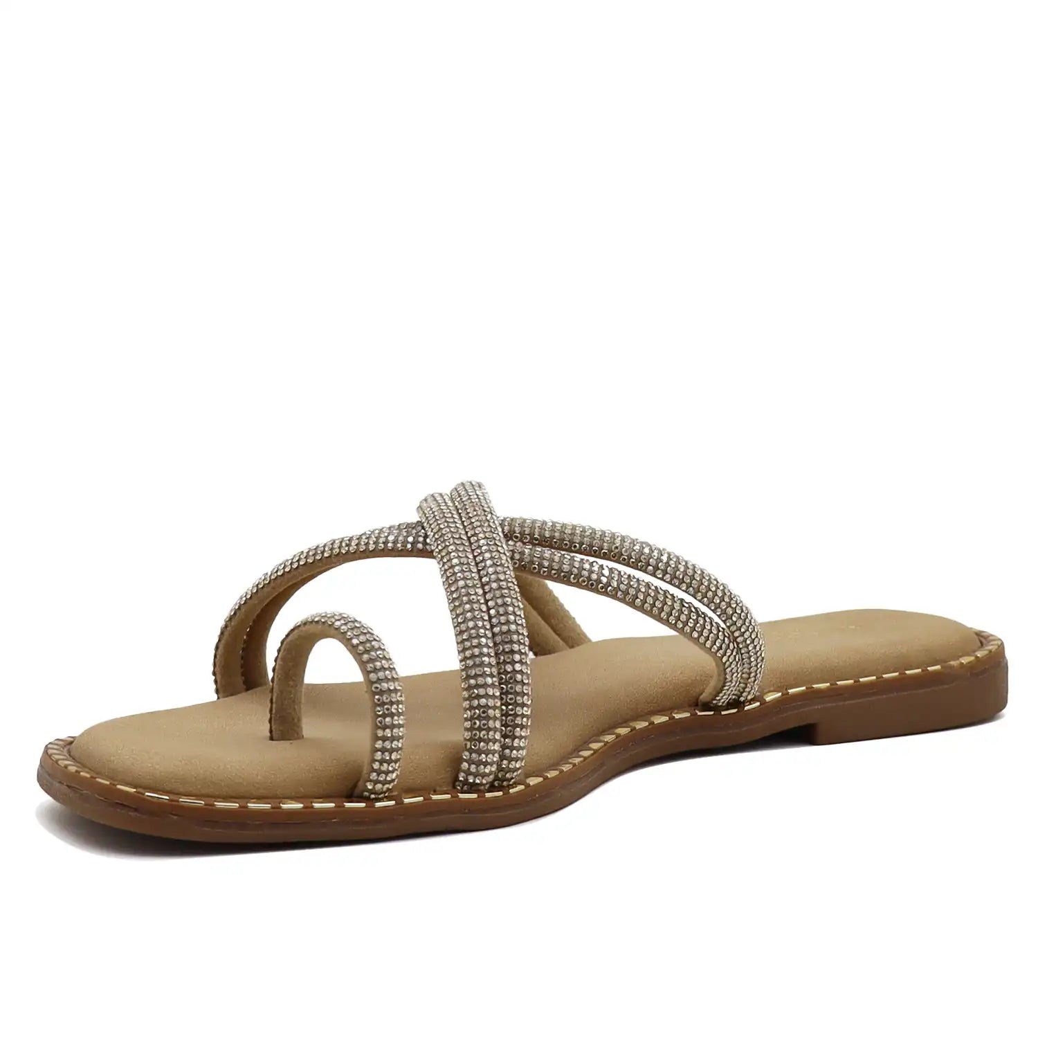 gold strappy flat sandals for women comfort wear angled side view