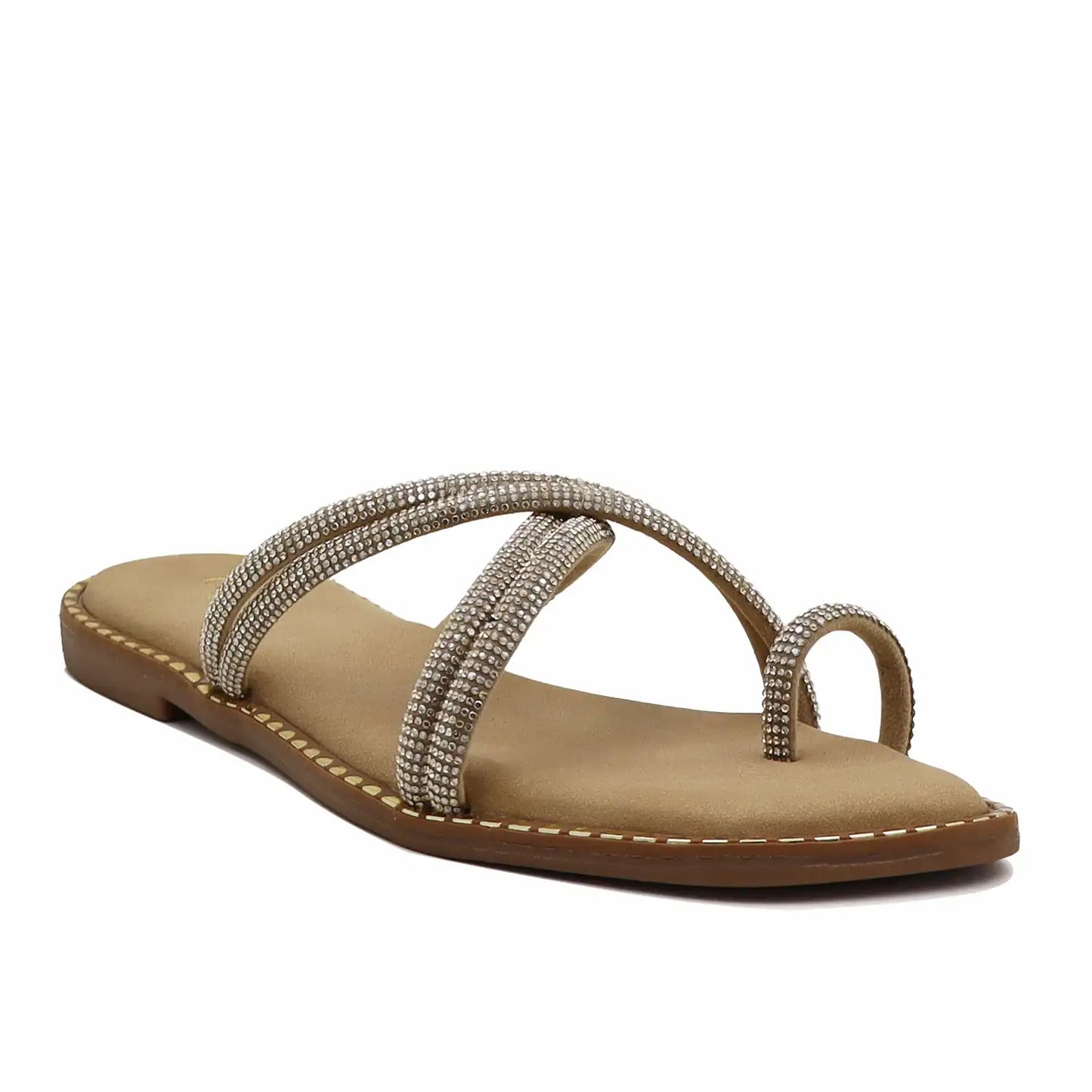 gold strappy flat sandals for women comfort wear angled front view