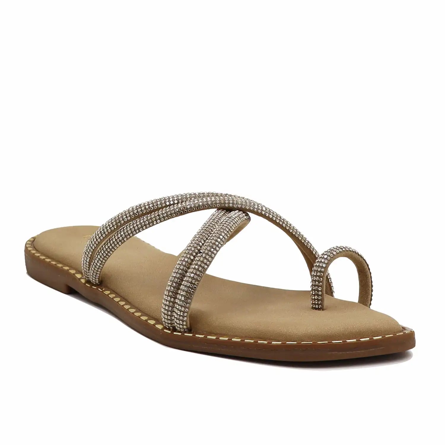 gold strappy flat sandals for women comfort wear angled front view