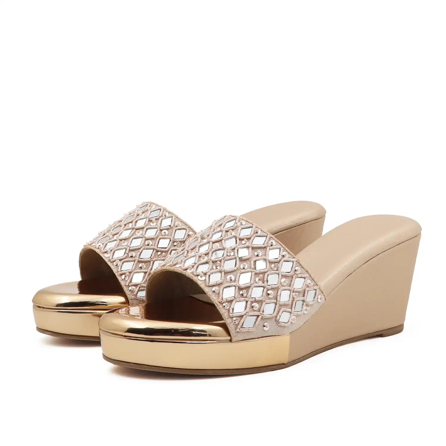 OYOQCHI women's 2.5-inch lightweight wedge slide sandals with cushioned footbed Rose Gold color, angled pair view