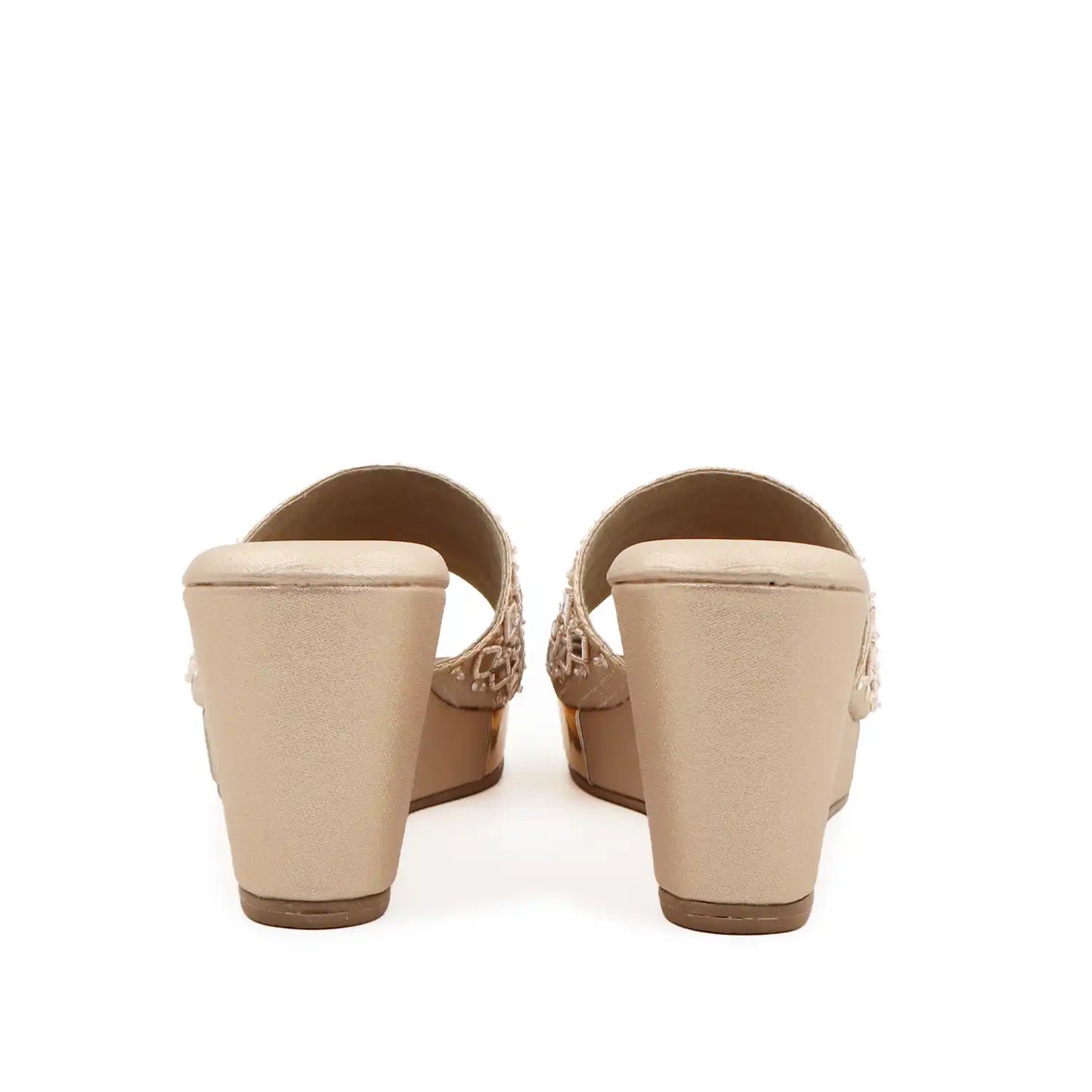 OYOQCHI women's 2.5-inch lightweight wedge slide sandals with cushioned footbed Rose Gold color, heel view