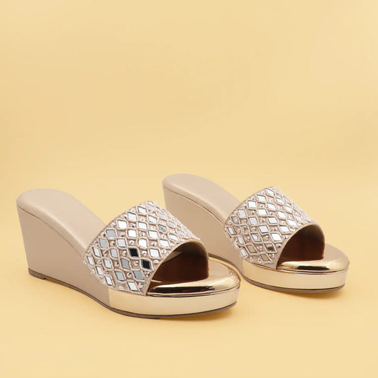 OYOQCHI women's 2.5-inch lightweight wedge slide sandals with cushioned footbed Rose Gold color, pair view