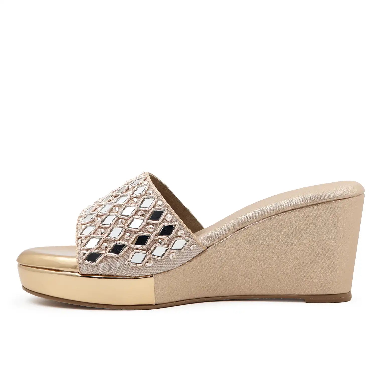 OYOQCHI women's 2.5-inch lightweight wedge slide sandals with cushioned footbed Rose Gold color, side view