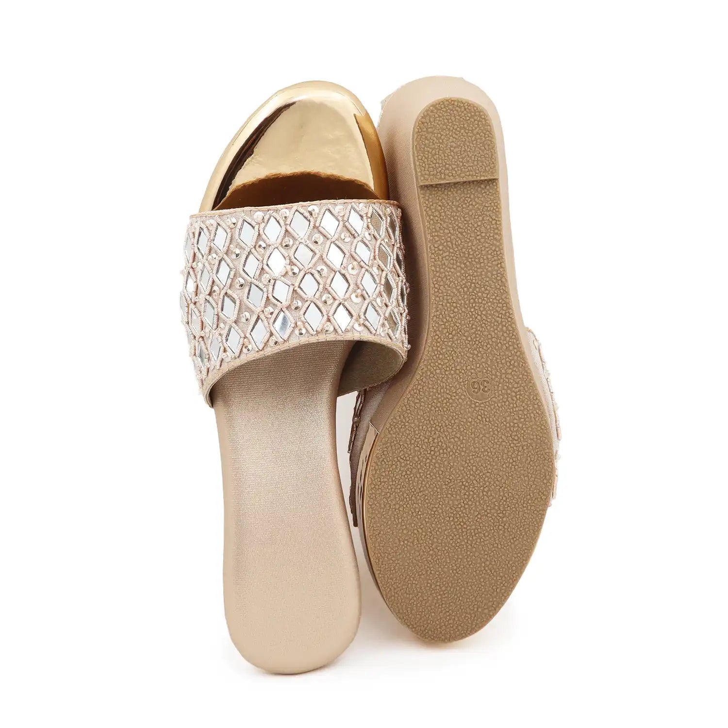 OYOQCHI women's 2.5-inch lightweight wedge slide sandals with cushioned footbed Rose Gold color, sole view