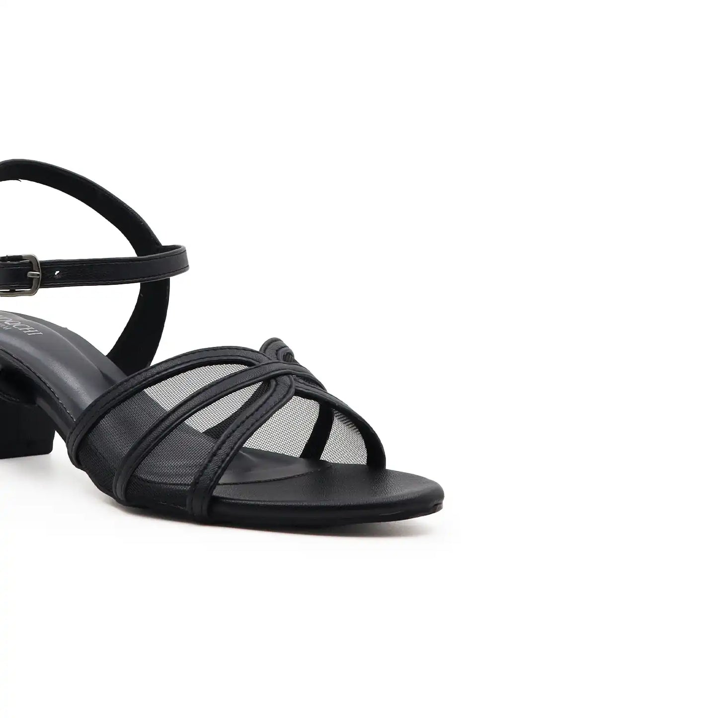 OYOQCHI women's 2 inch mesh block heel sandals with comfortable ankle strap available in Black, Close Up View