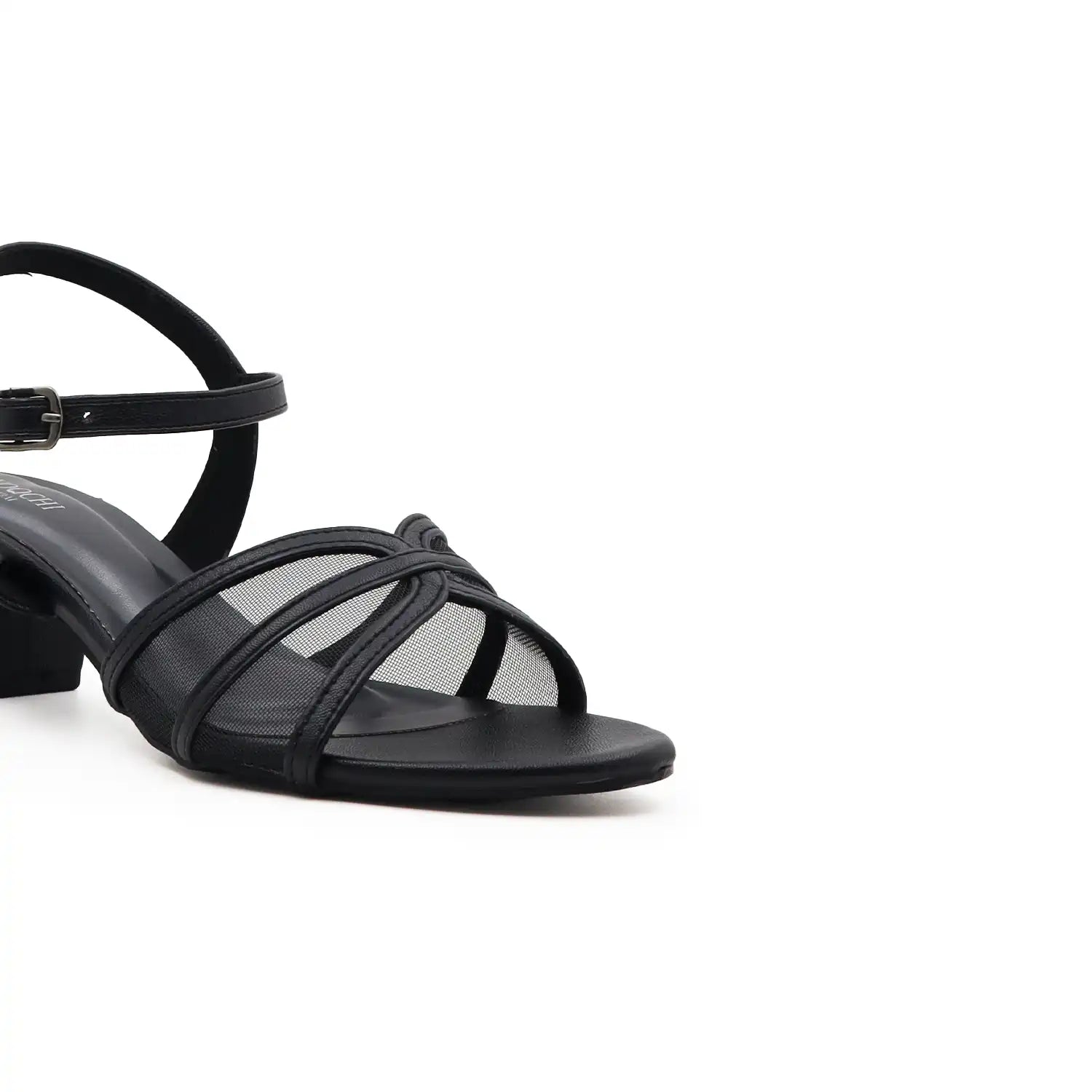 OYOQCHI women's 2 inch mesh block heel sandals with comfortable ankle strap available in Black, Close Up View