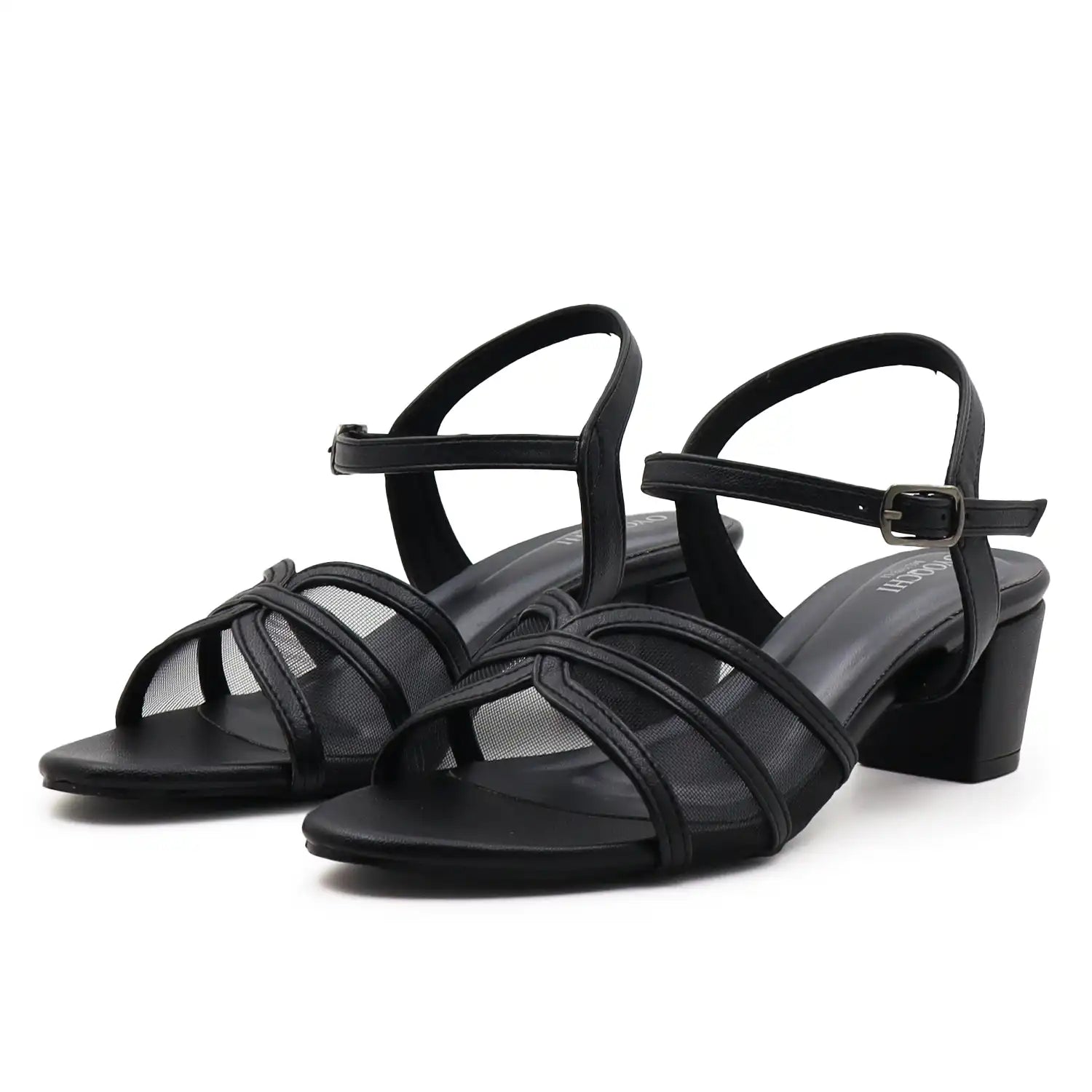 Pair View Of OYOQCHI women's 2 inch mesh block heel sandals with comfortable ankle strap available in Black