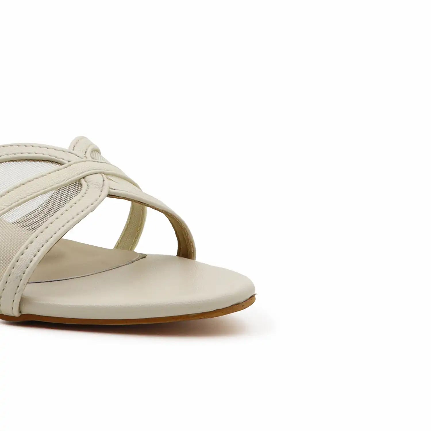 Close-up View of OYOQCHI women's 2 inch mesh block heel sandals with comfortable ankle strap available in Off-White
