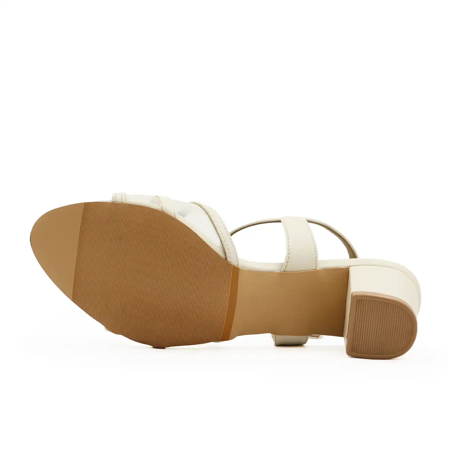 Sole View of OYOQCHI women's 2 inch mesh block heel sandals with comfortable ankle strap available in Off-White