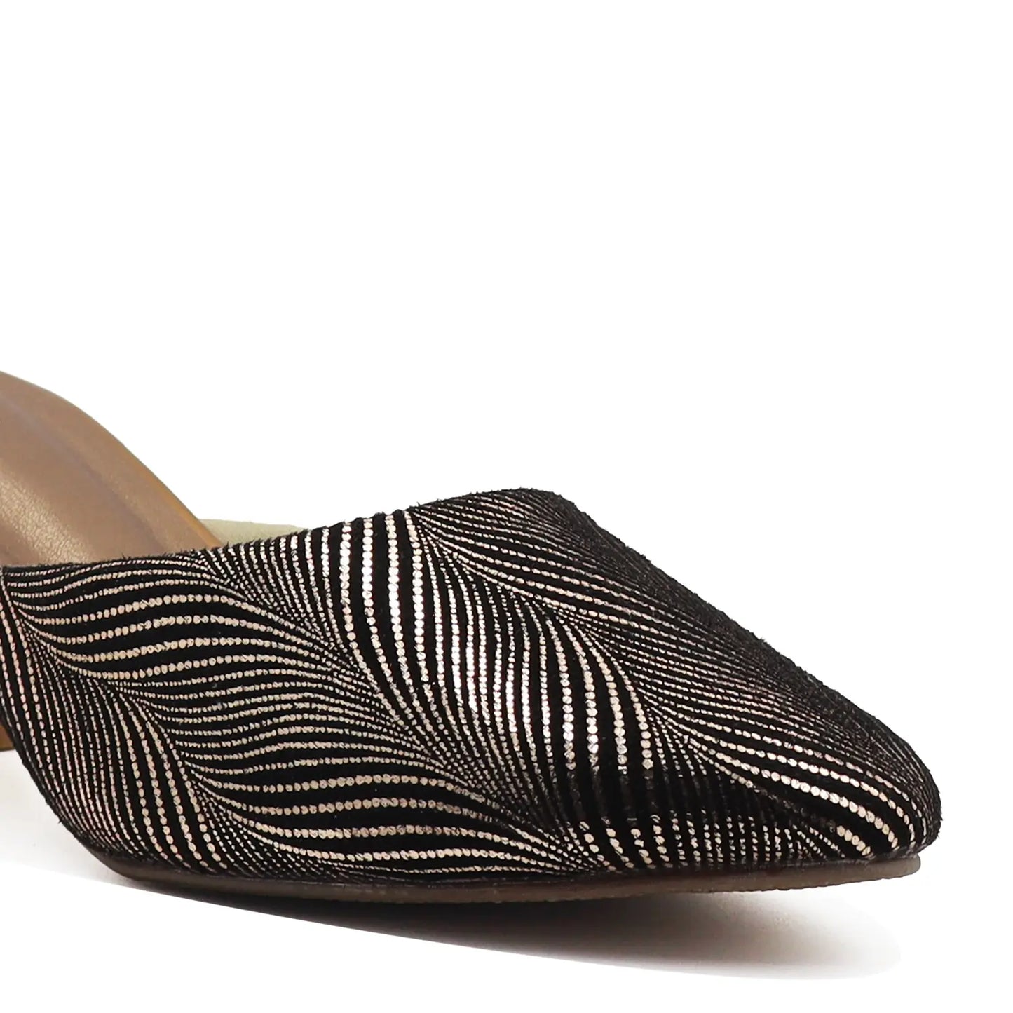 Close view of women's antique mule heel 