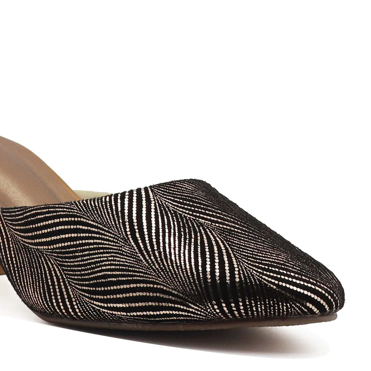 Close view of women's antique mule heel 