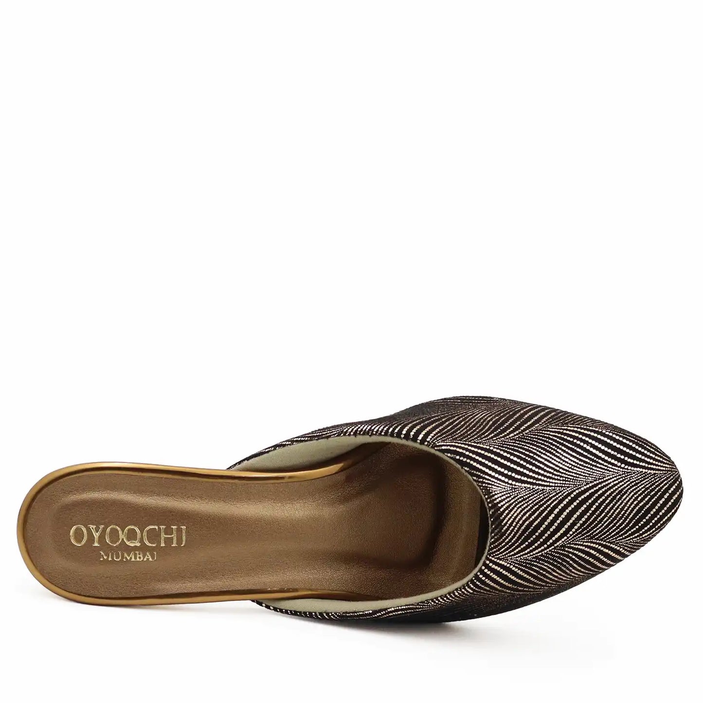 Top view of women's antique cushioned mule heel with oyoqchi branding 