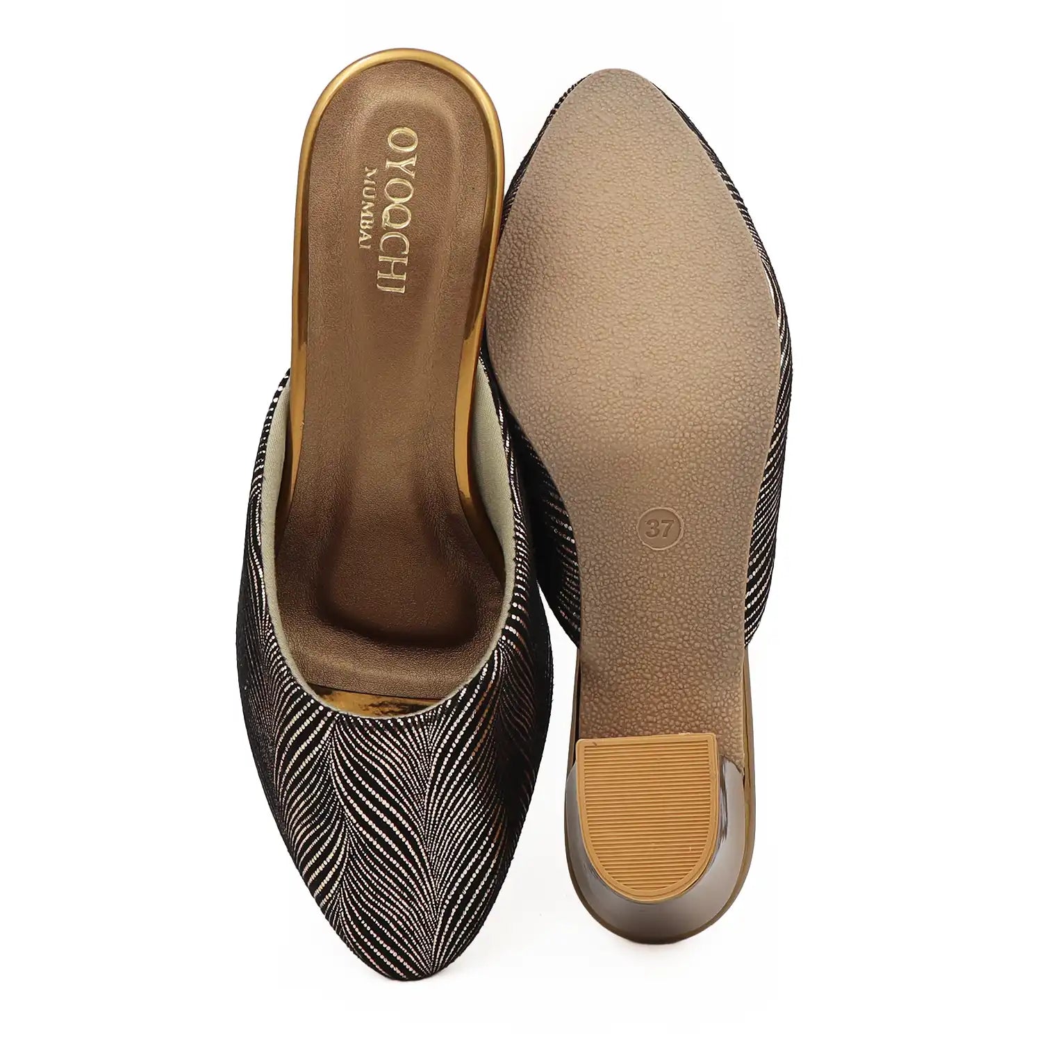 Pair of women's antique cushioed mule heels for women with oyoqchi mumbai branding and sole view