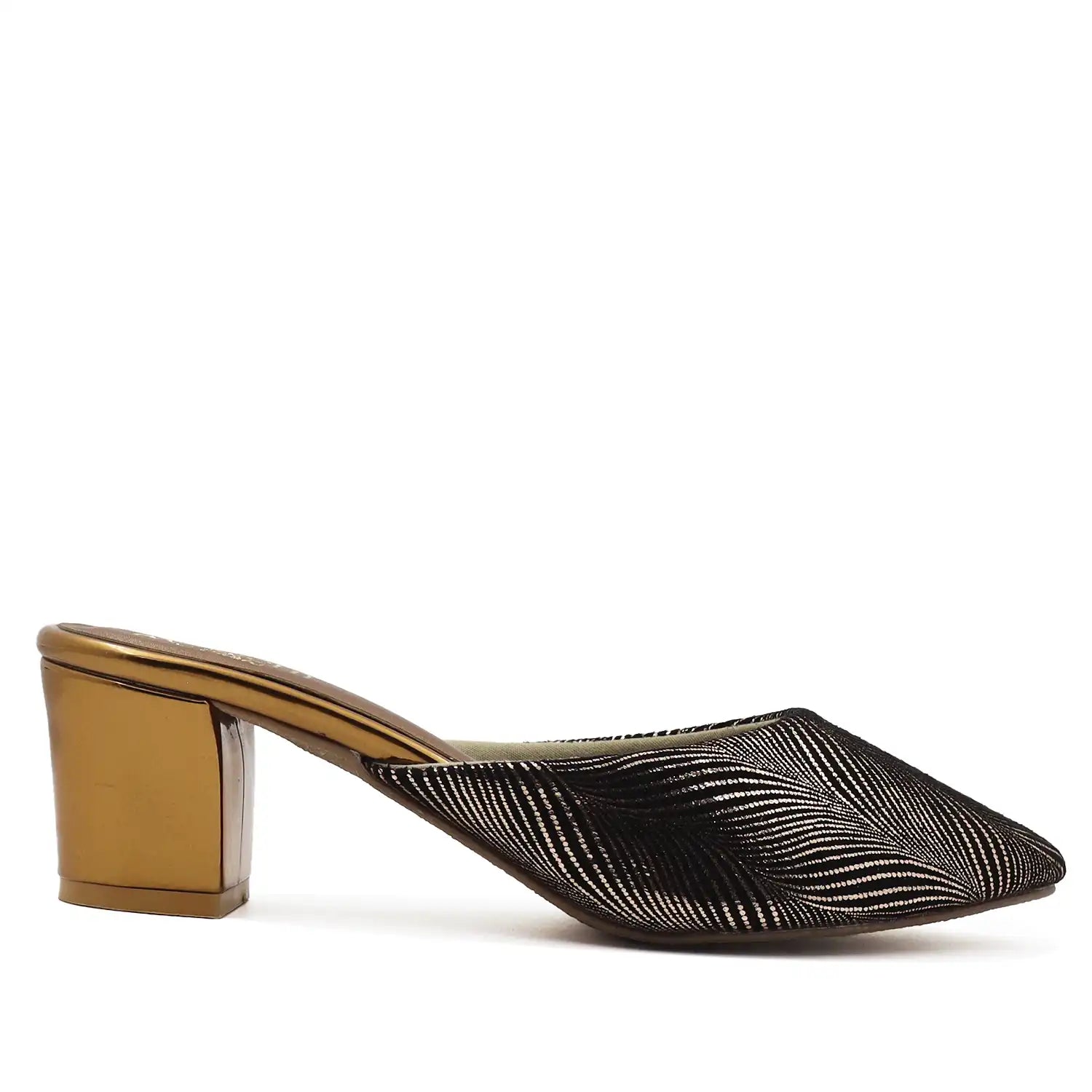  Side profile view of antique cushioned mule heel for women