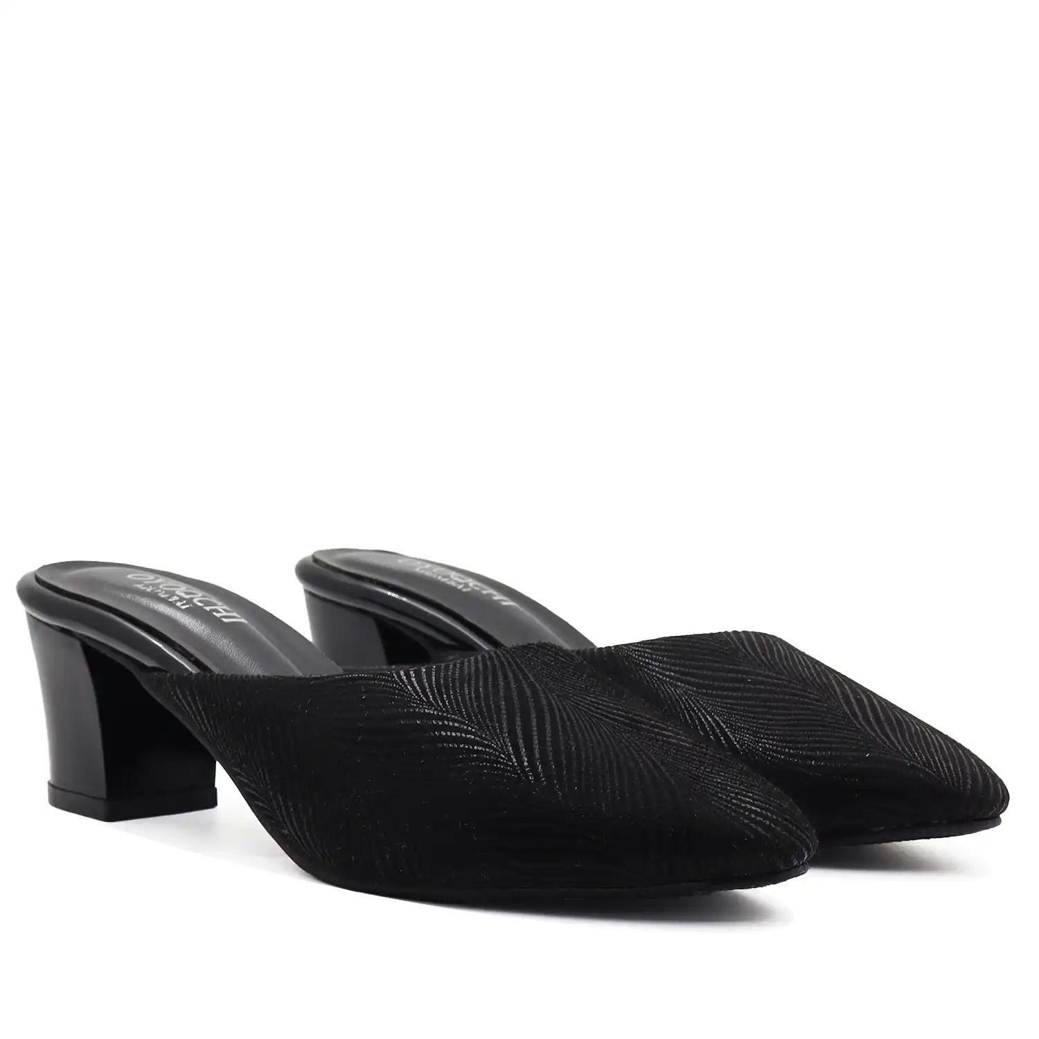 Black cushioned mule heels for women pair view