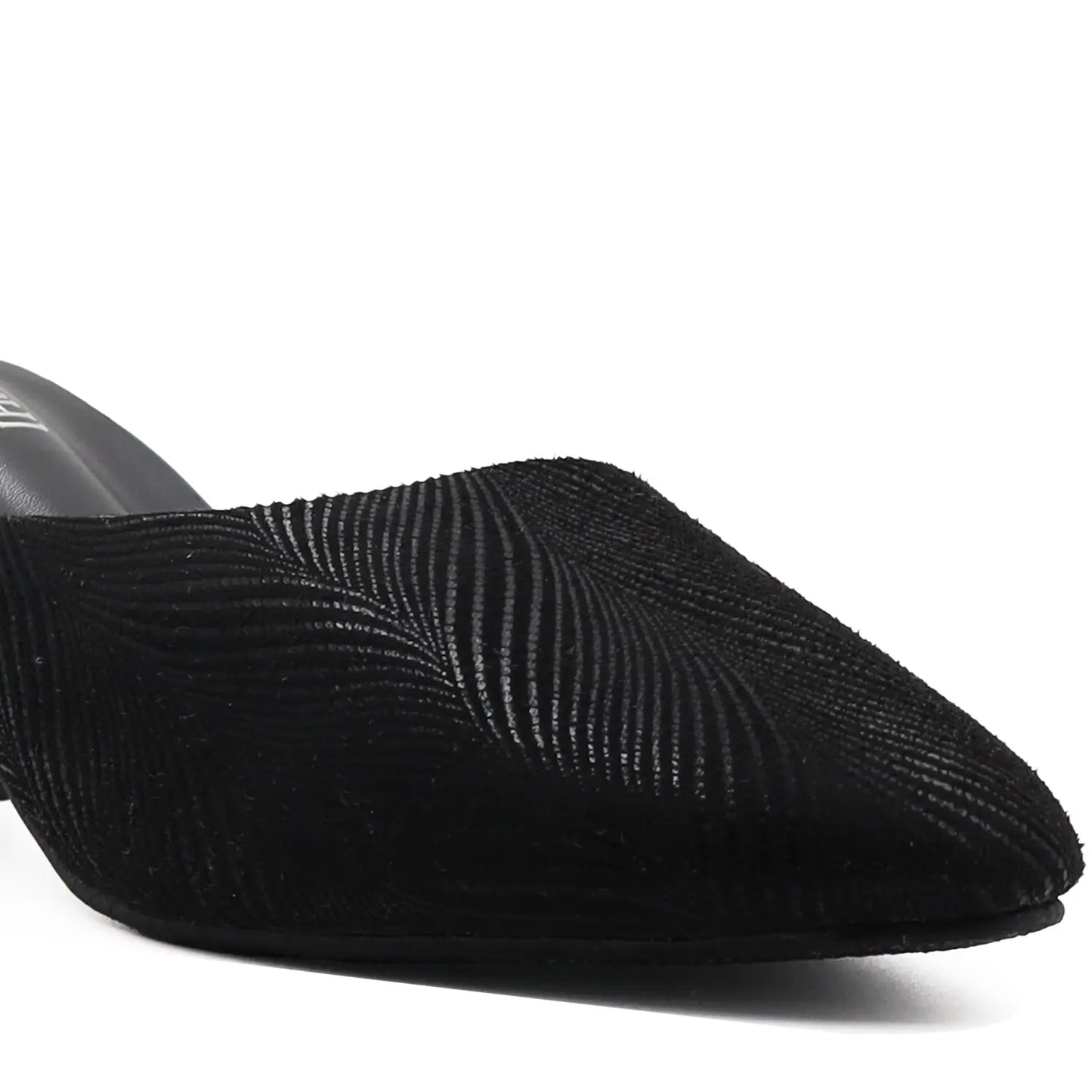 Close view of women's black cushioned mule heel