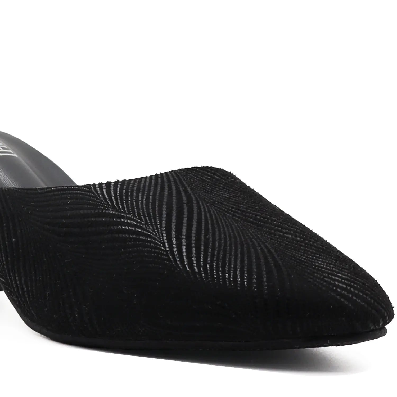 Close view of women's black cushioned mule heel