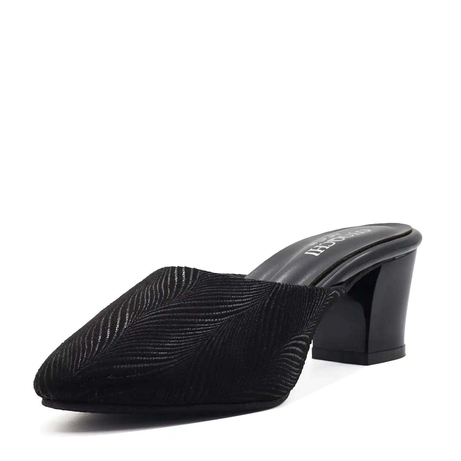 Black cushioned mule heels for women side view