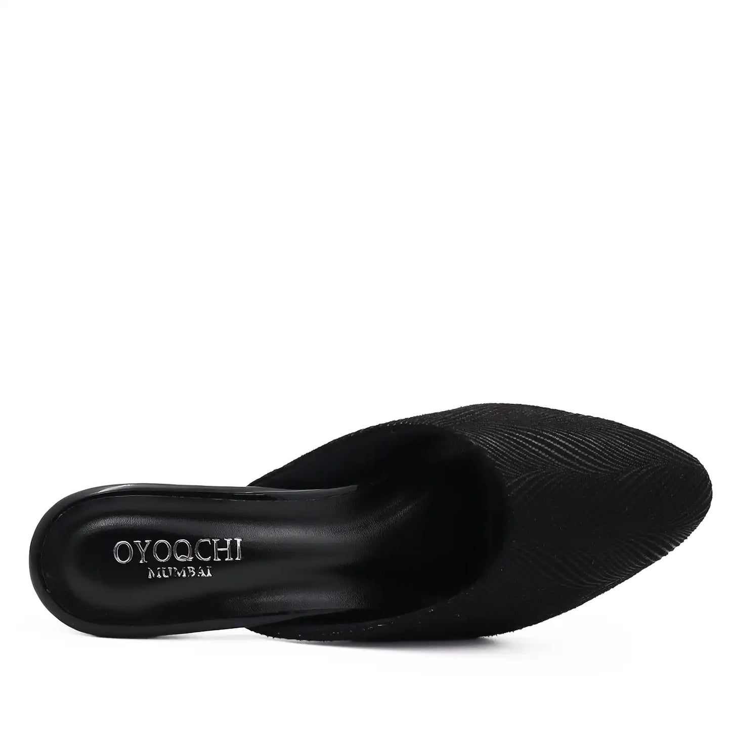 Top view of black cushioned mule heels for women