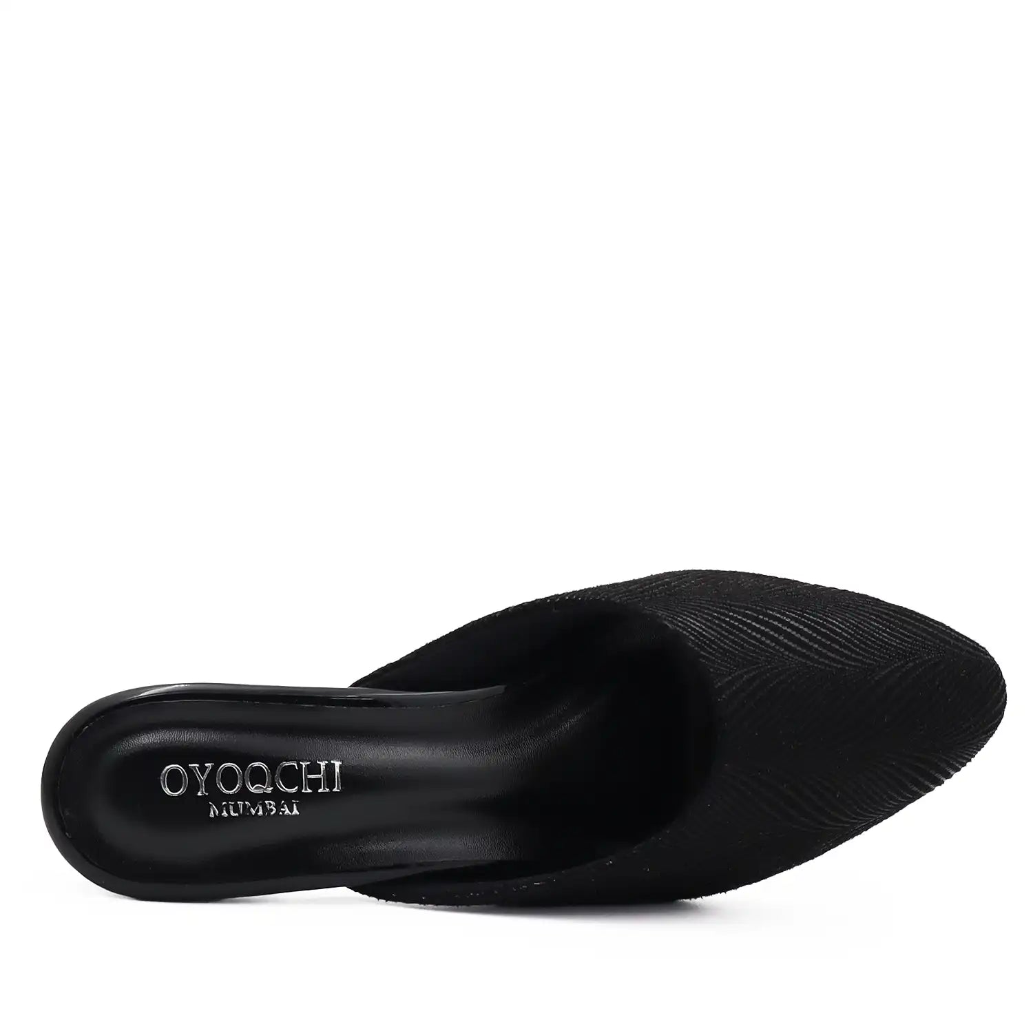Top view of black cushioned mule heels for women