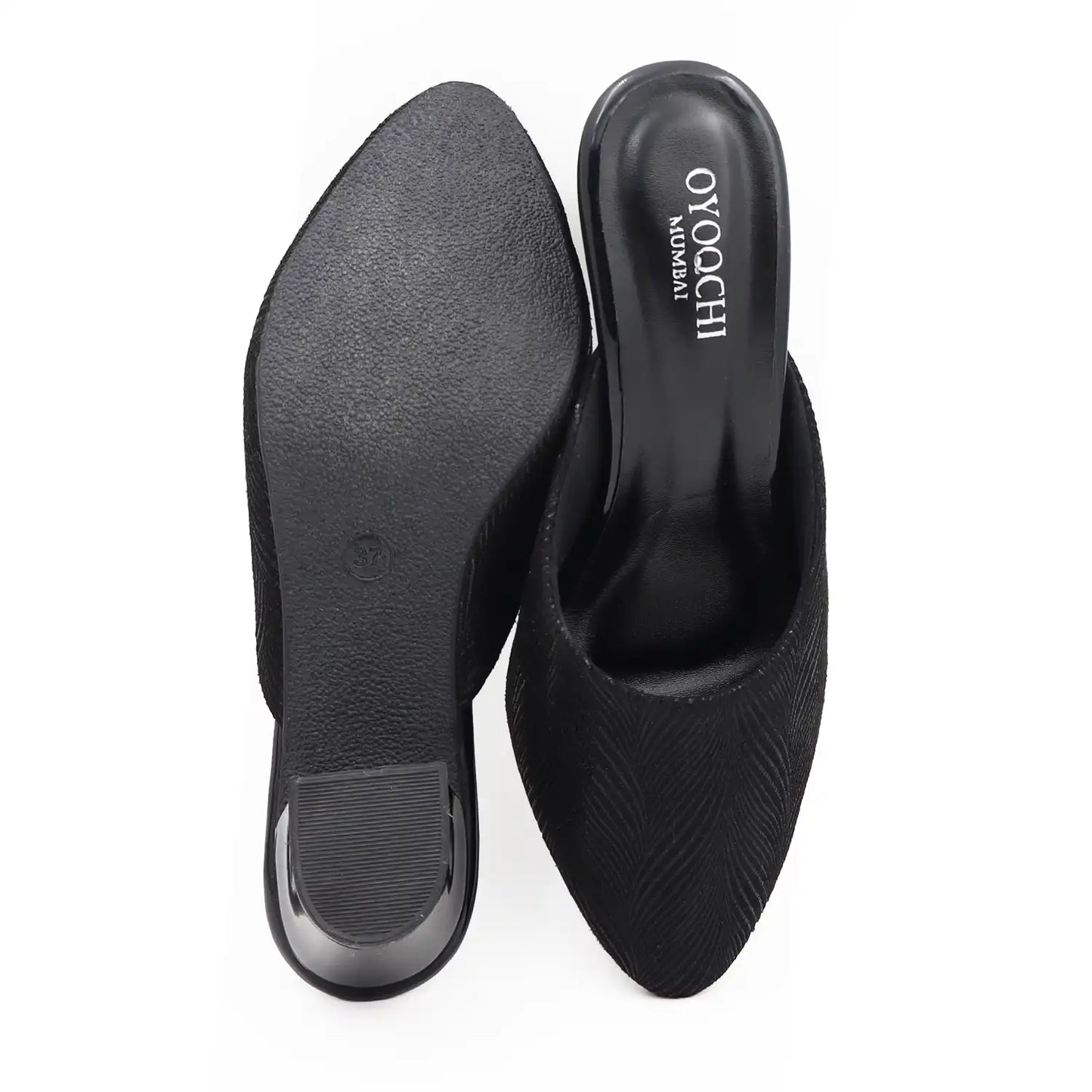 Pair of women's black cushioed mule heels for women with oyoqchi mumbai branding and sole view
