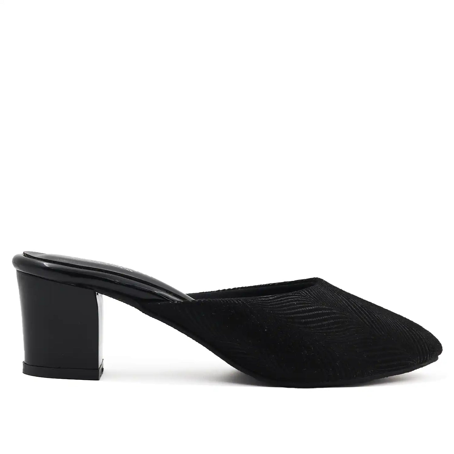  Side profile view of black cushioned mule heel for women
