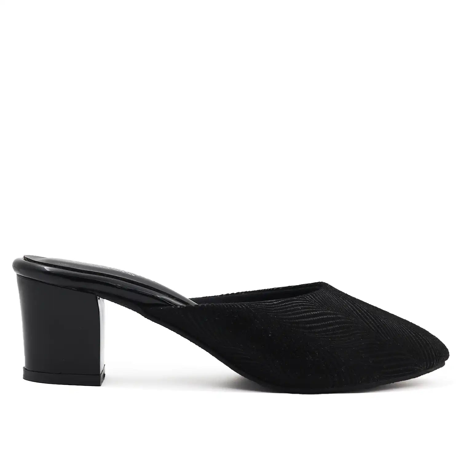  Side profile view of black cushioned mule heel for women