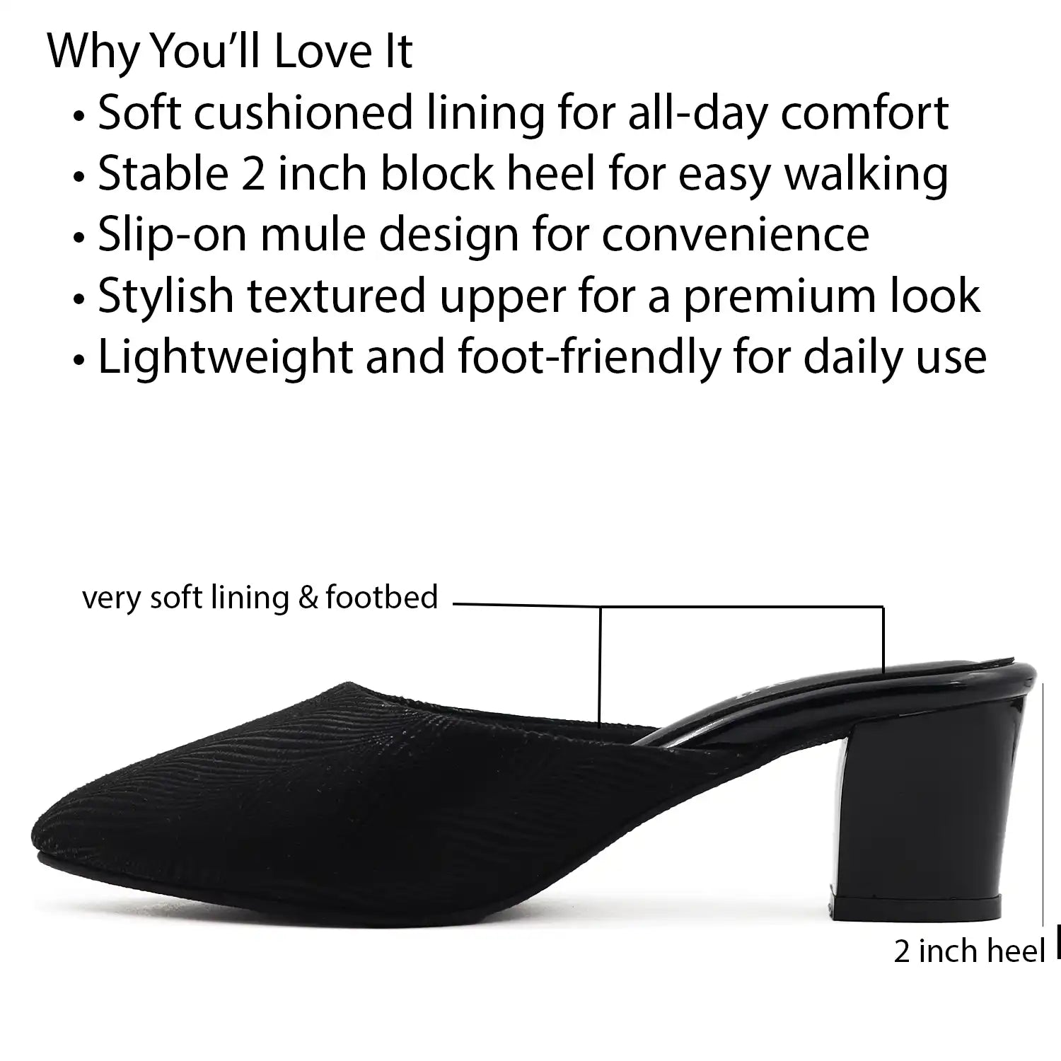 Black cushioned mule heel for women with feature highlights and 2 inch block heel