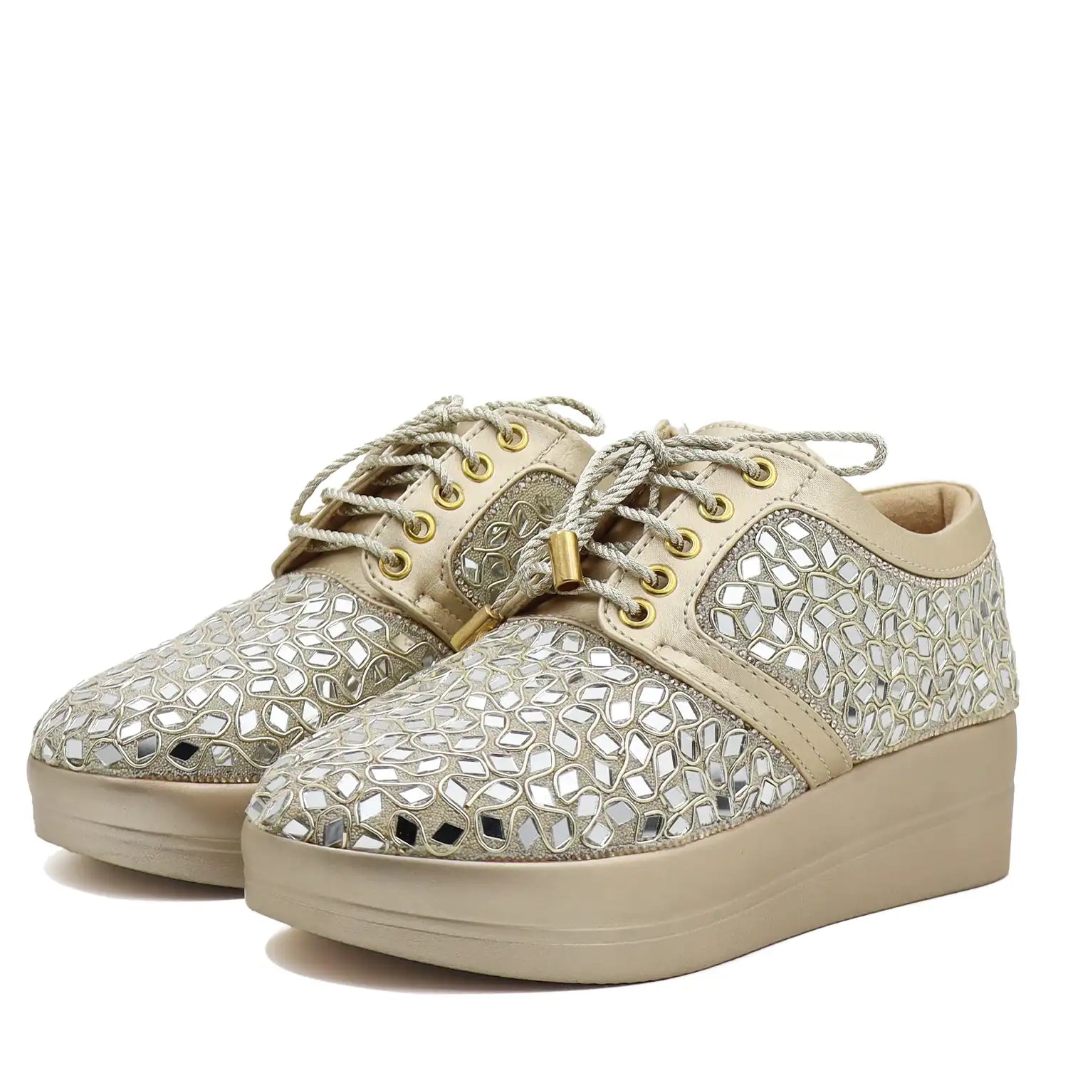 Pair view of women's light gold  bridal sneakers