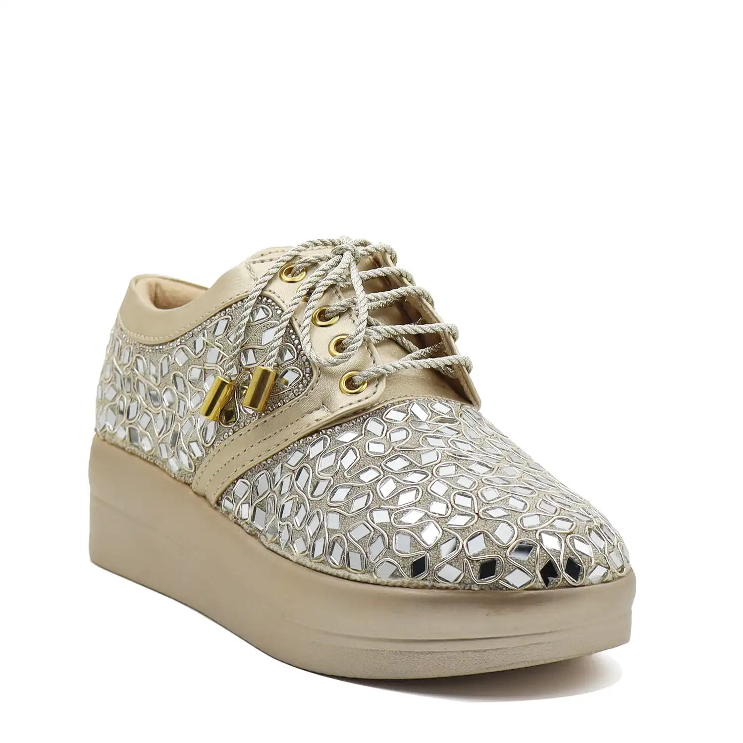 Women's light gold  bridal sneakers, angled view