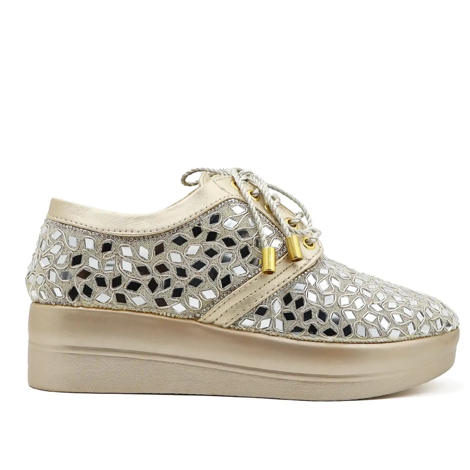 Side profile view of women's light gold  bridal sneakers